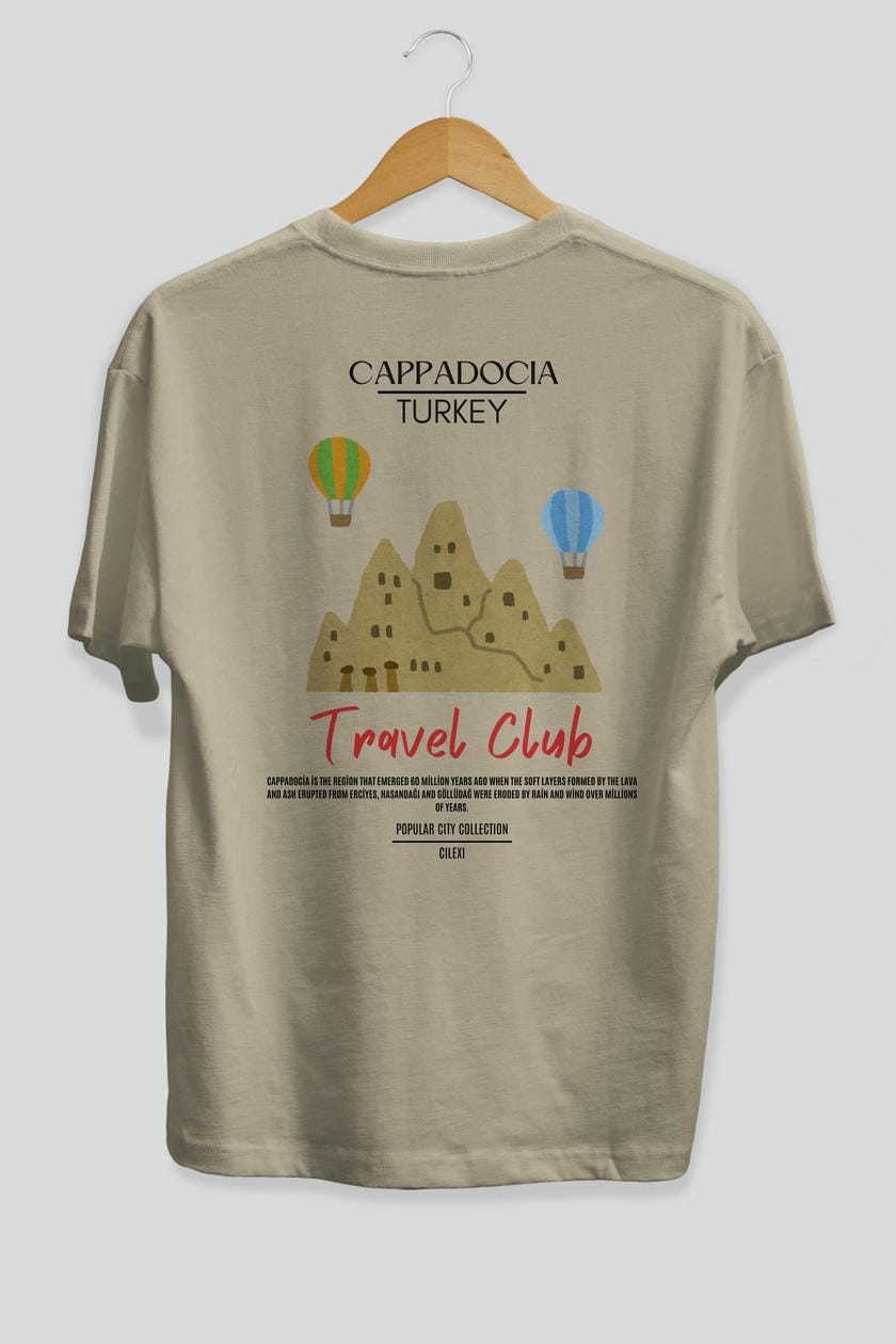 Cappadocia Turkey Arka Baskılı Oversize t-shirt Erkek Kadın Pamuk Bisiklet Yaka tişort