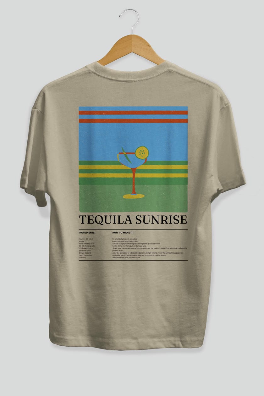 Tequila Sunrise Kokteyl Serisi Arka Baskılı Oversize t-shirt Erkek Kadın %100 Pamuk Bisiklet Yaka tişort