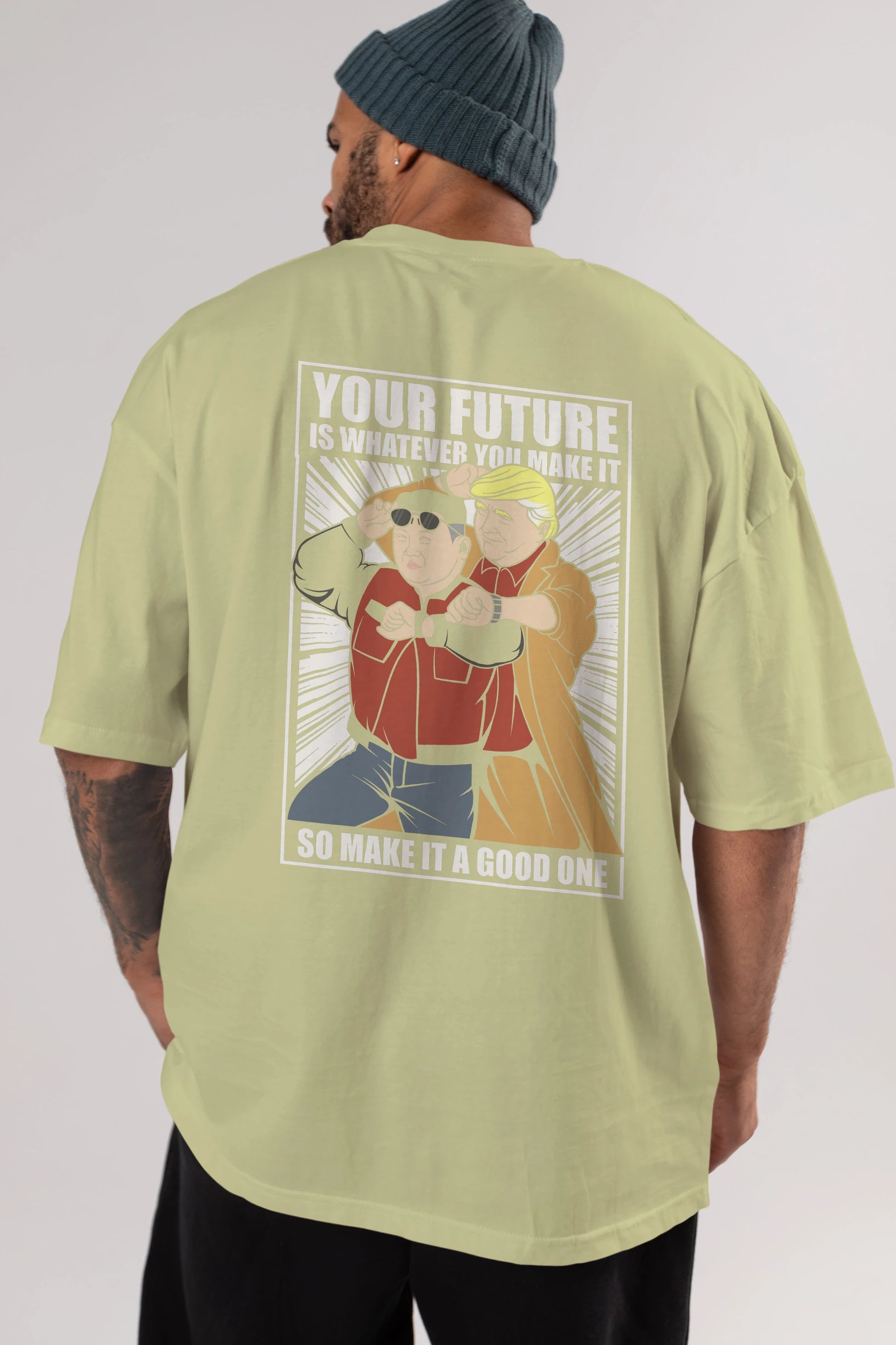 Back To The Future Jong Un Trump Arka Baskılı Oversize t-shirt Erkek Kadın Unisex %100 Pamuk tişort