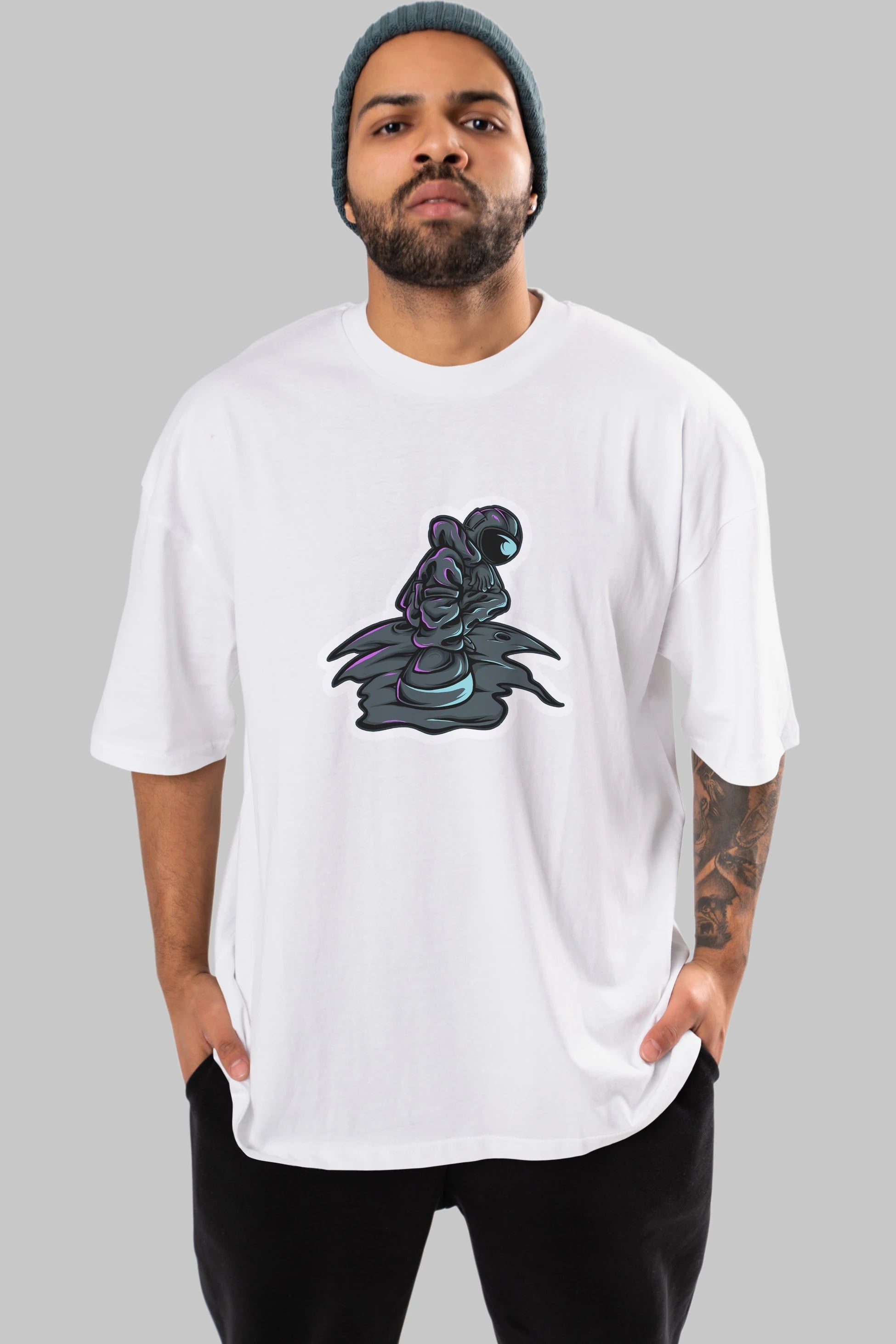 Stylish Astronaut Sticker Ön Baskılı Oversize t-shirt Erkek Kadın Unisex