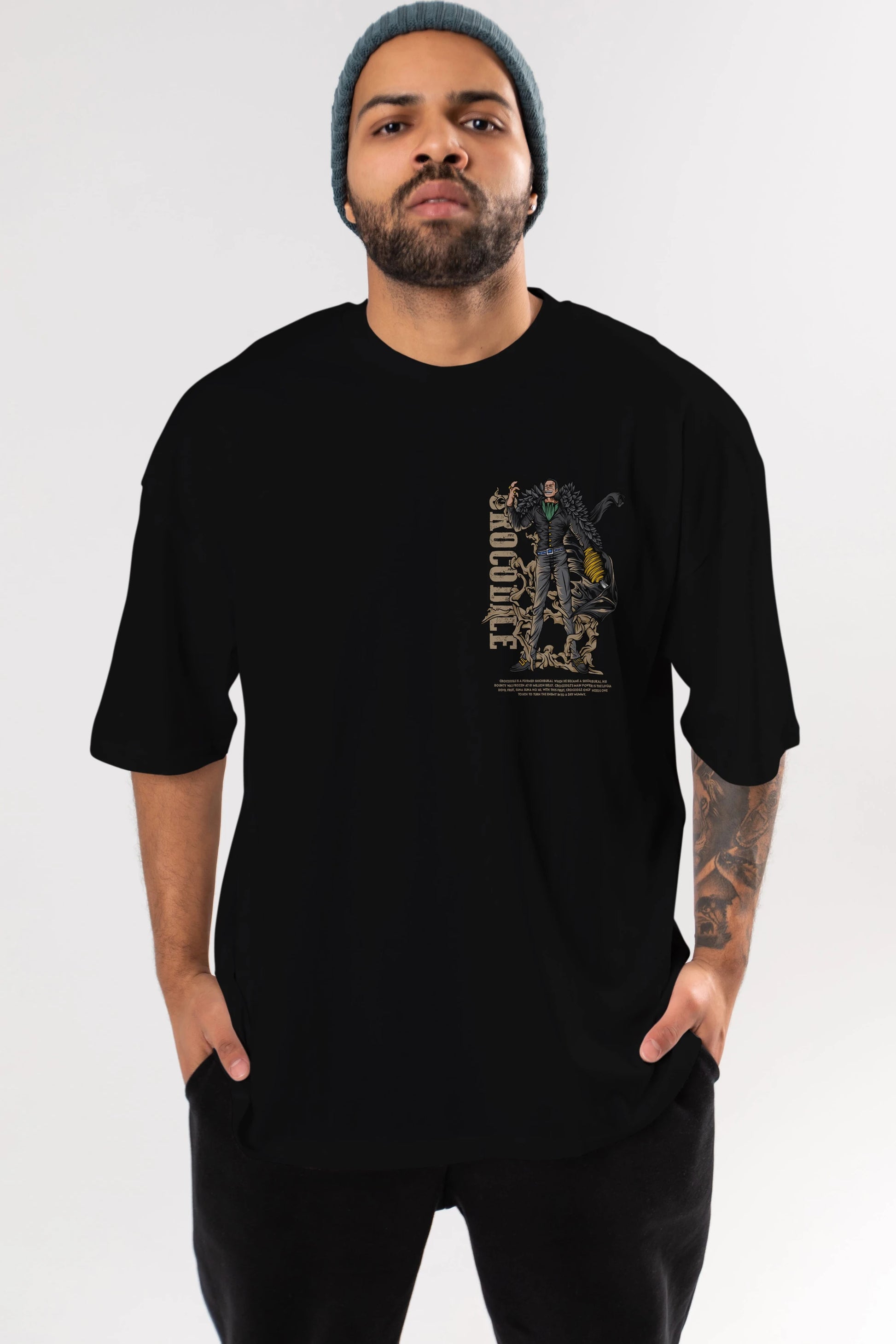 Crocodile Ön Sol Baskılı Oversize t-shirt Erkek Kadın Unisex %100 Pamuk Bisiklet Yaka tişort
