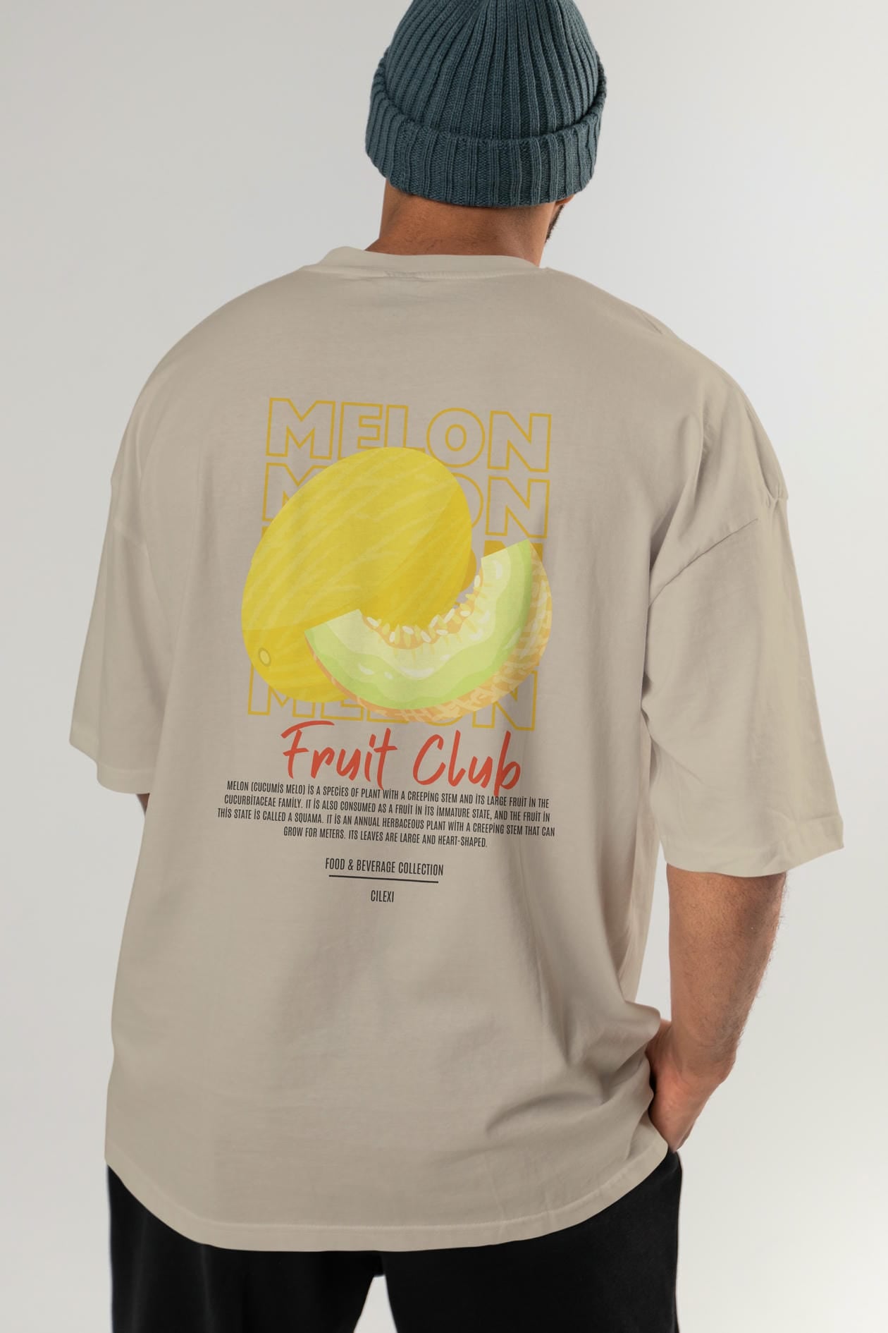 Melon Arka Baskılı Oversize t-shirt Erkek Kadın Pamuk Bisiklet Yaka tişort