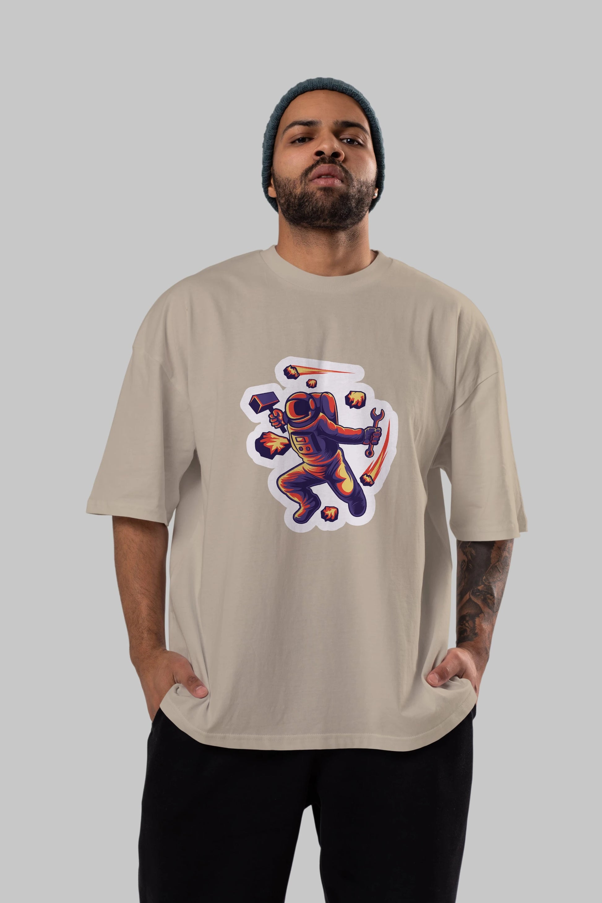 Astronaut Block Meteor Sticker Ön Baskılı Oversize t-shirt Erkek Kadın Unisex
