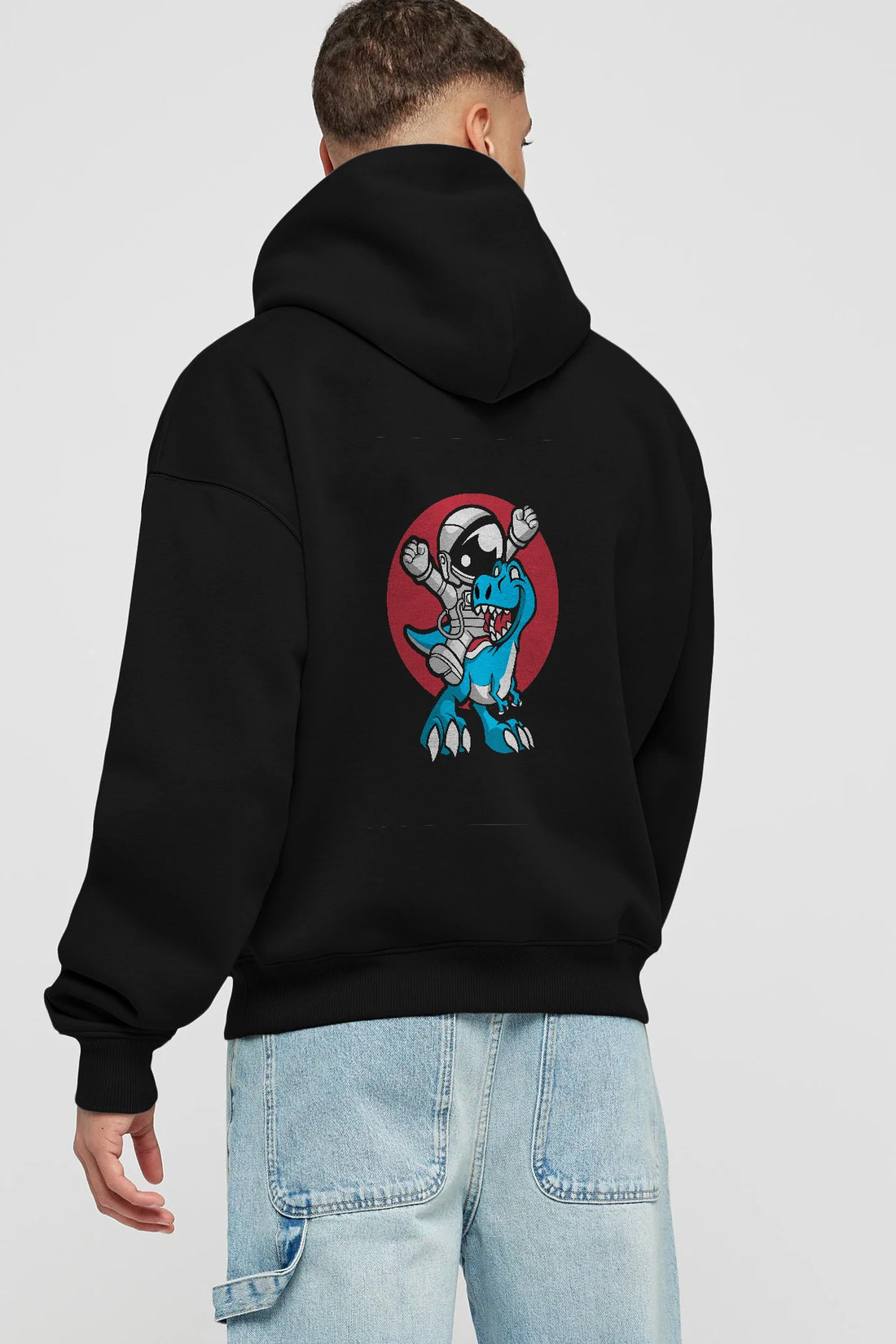 Astronaut Dino Arka Baskılı Hoodie Oversize Kapüşonlu Sweatshirt Erkek Kadın Unisex