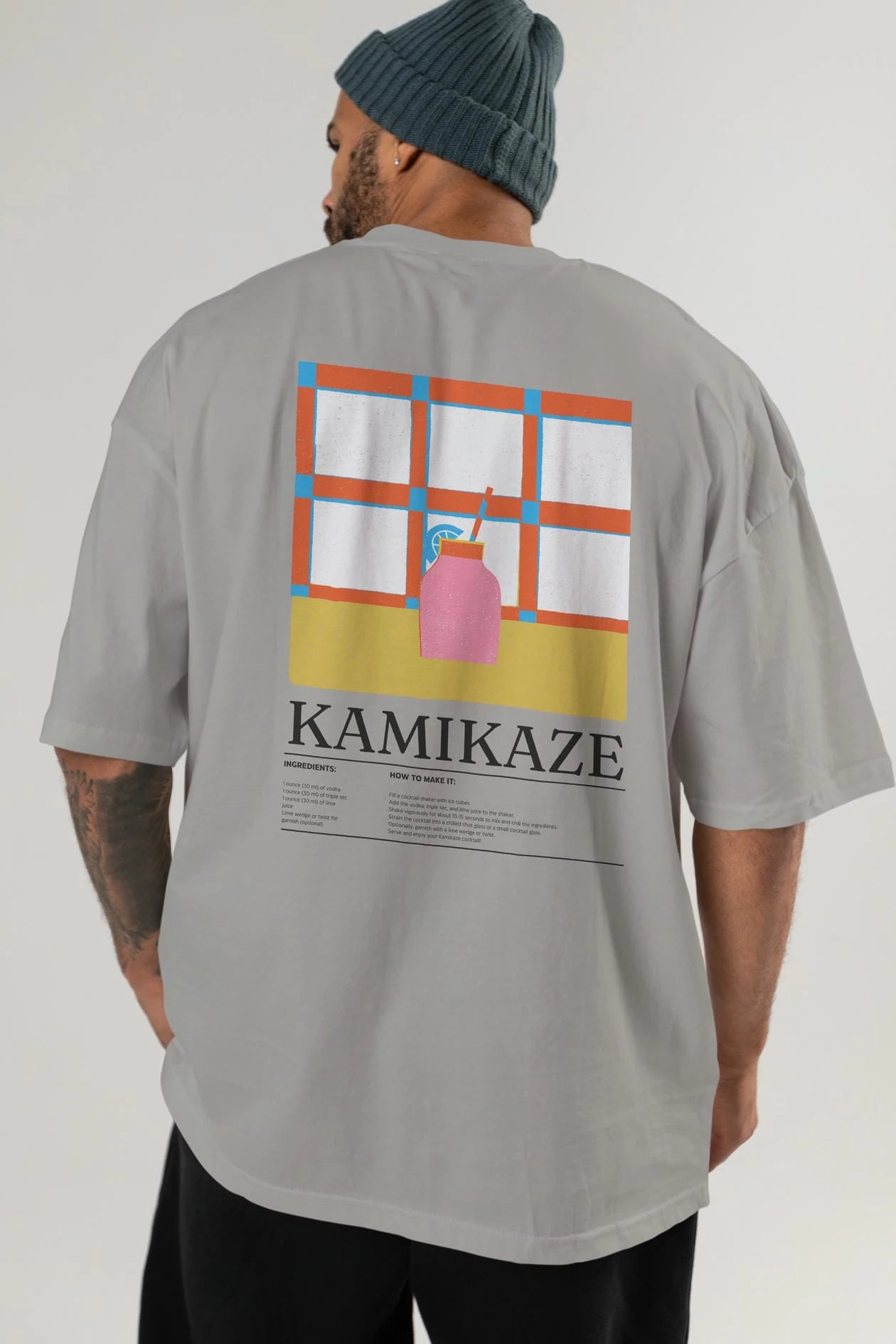 Kamikaze Kokteyl Serisi Arka Baskılı Oversize t-shirt Erkek Kadın %100 Pamuk Bisiklet Yaka tişort