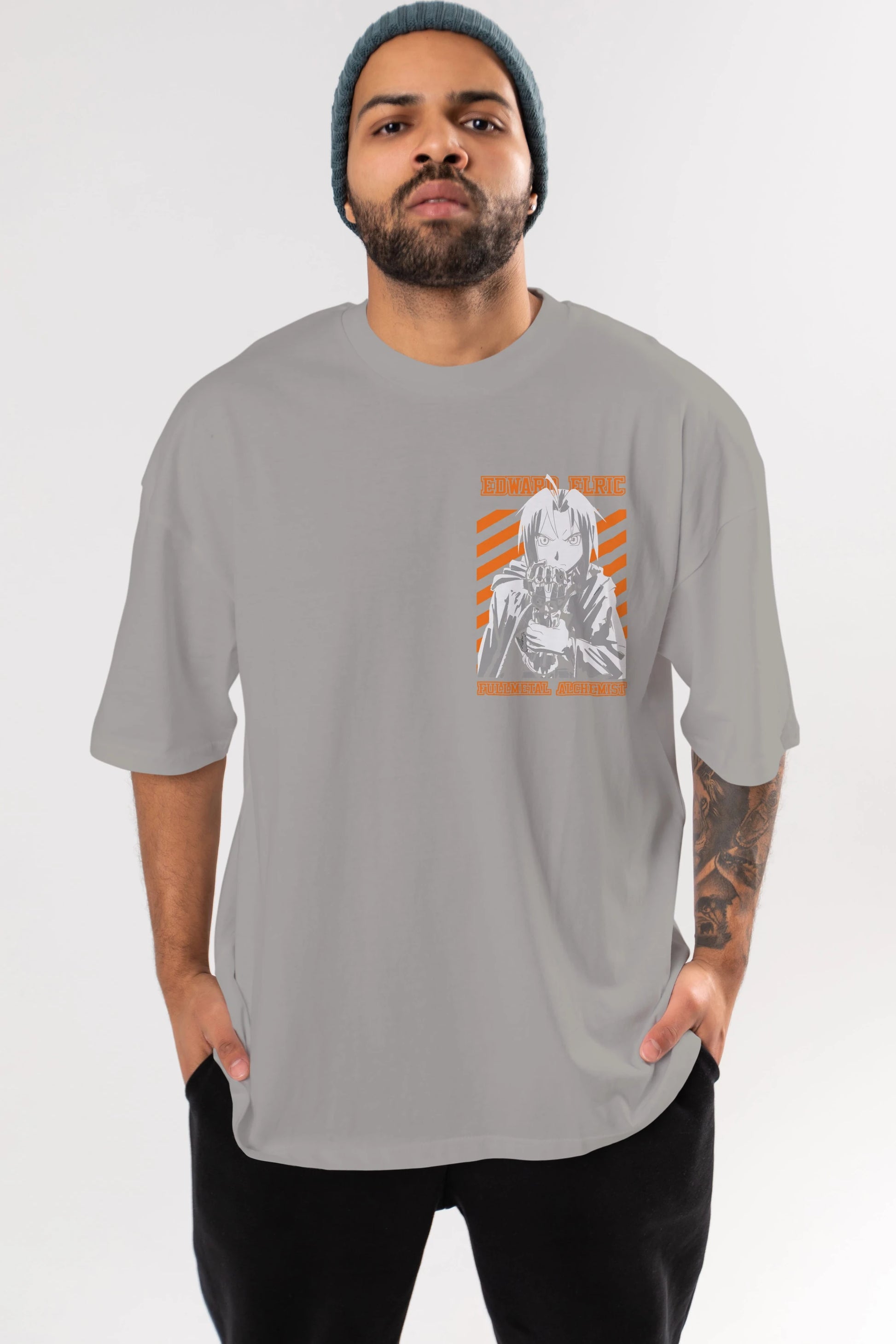 EDWARD ELRIC Ön Sol Baskılı Oversize t-shirt Erkek Kadın Unisex %100 Pamuk Bisiklet Yaka tişort