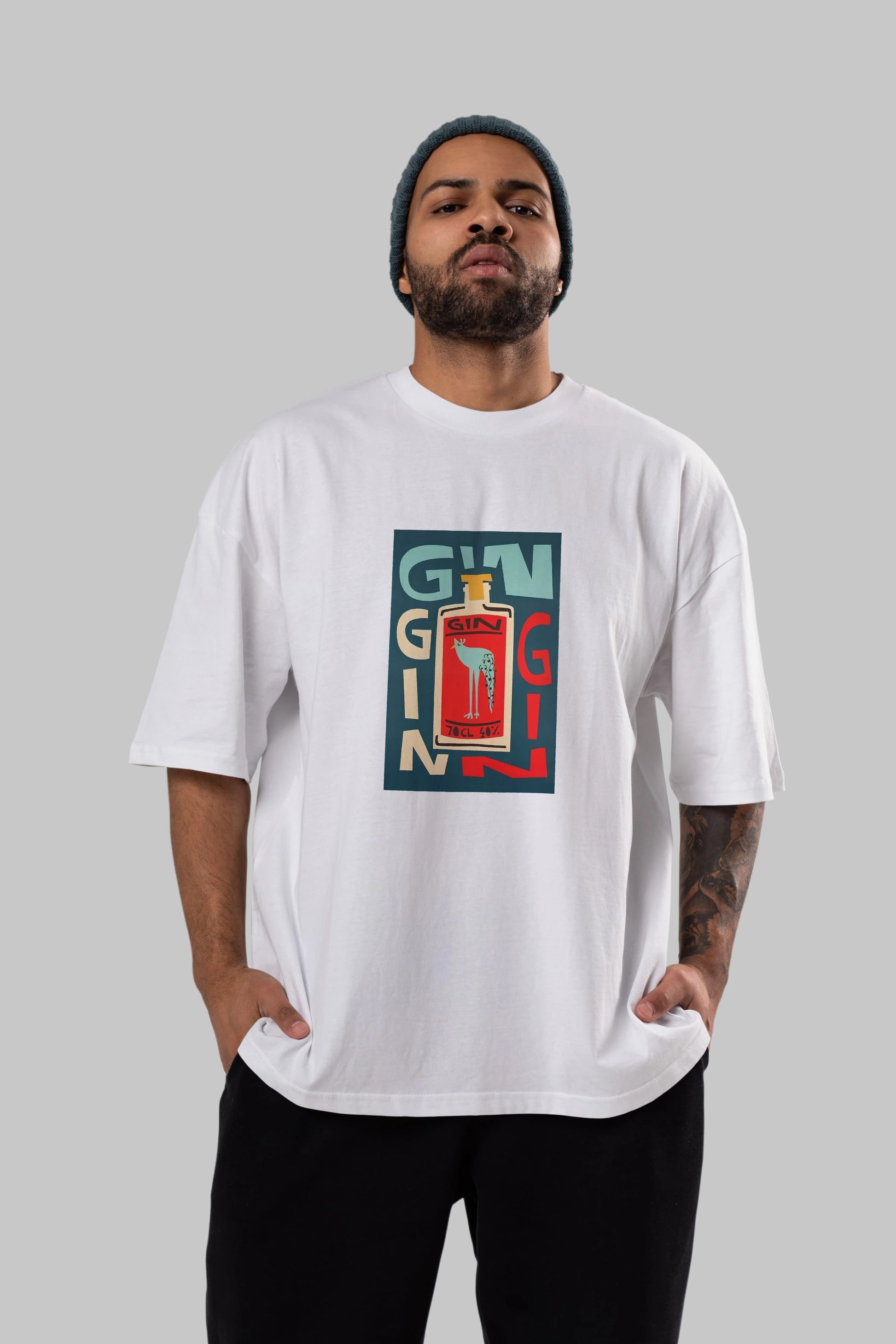 Gin 2 Ön Baskılı Oversize t-shirt Erkek Kadın Unisex %100 Pamuk Bisiklet Yaka tişort