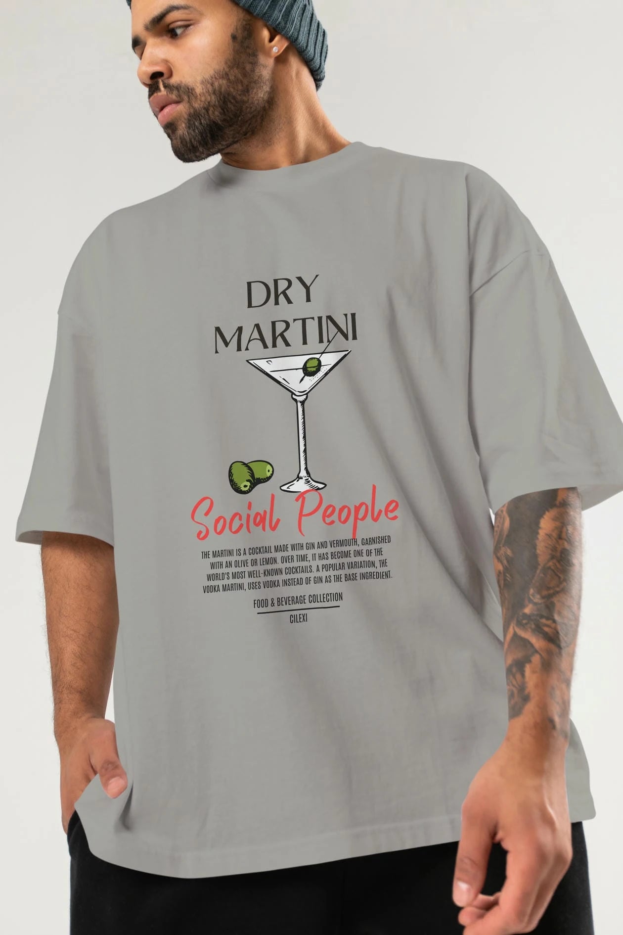 Dry Martını Kokteyl Serisi ön Baskılı Oversize t-shirt Erkek Kadın %100 Pamuk Bisiklet Yaka tişort