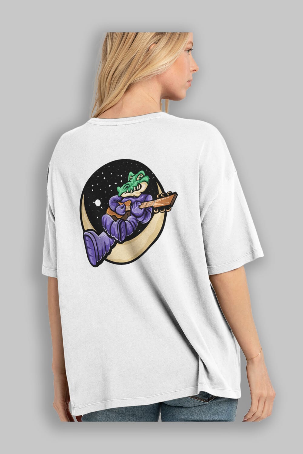 Space Crocodile Sticker Arka Baskılı Oversize t-shirt Erkek Kadın Unisex