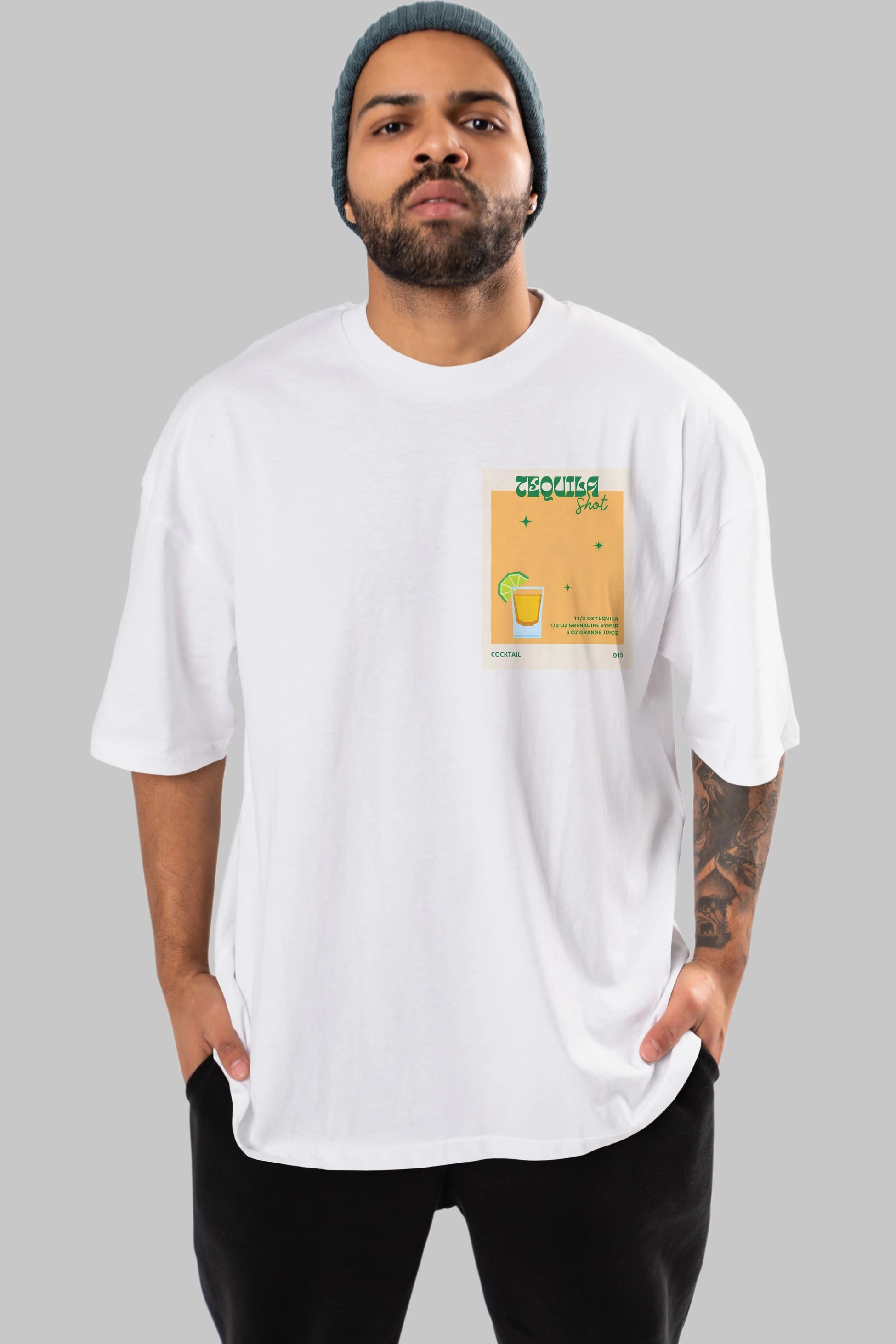 Tequila Shot 2 Ön Sol Baskılı Oversize t-shirt Erkek Kadın Unisex %100 Pamuk Bisiklet Yaka tişort