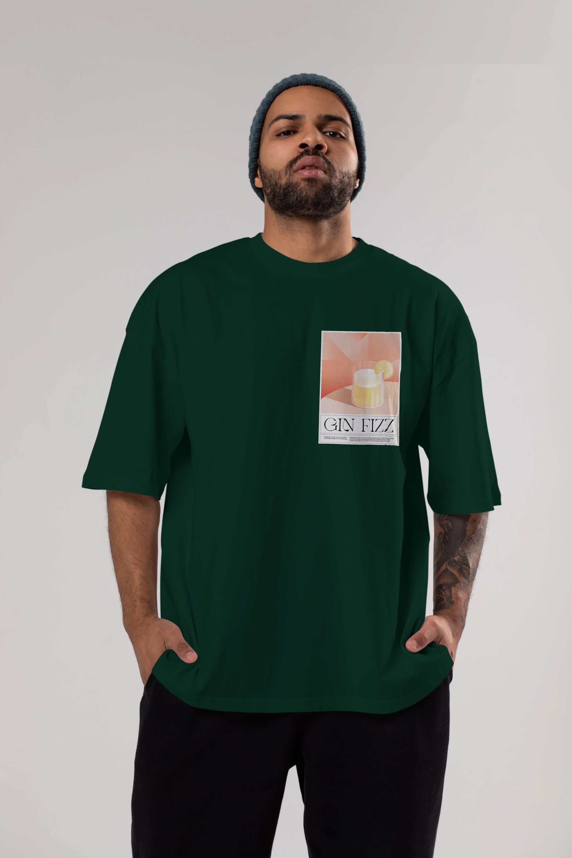 Gin Fizz Ön Sol Baskılı Oversize t-shirt Erkek Kadın Unisex %100 Pamuk Bisiklet Yaka tişort
