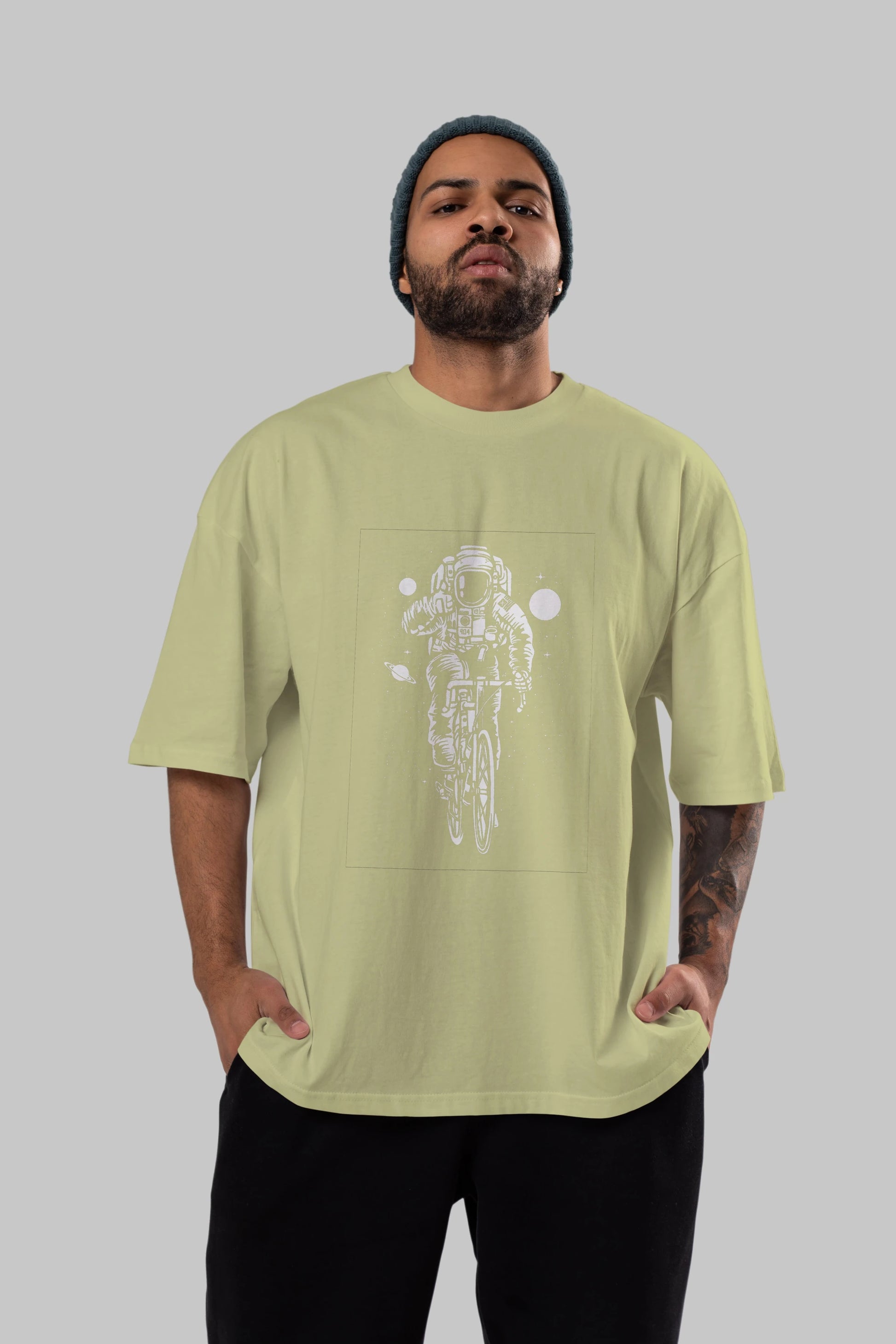 Astronaut Bicycle Ön Baskılı Oversize t-shirt Erkek Kadın Unisex %100 Pamuk tişort