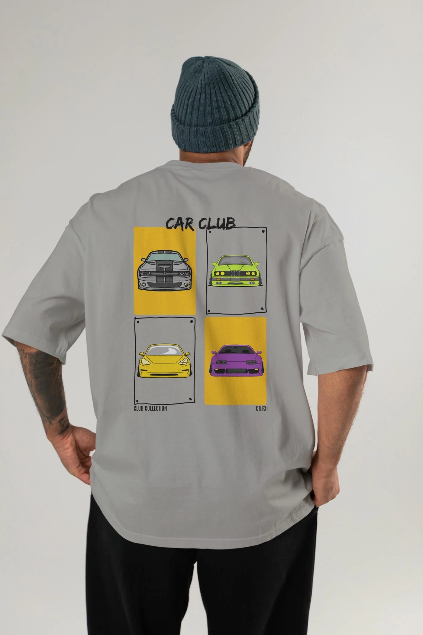 Car Club Arka Baskılı Oversize t-shirt Erkek Kadın %100 Pamuk Bisiklet Yaka tişort