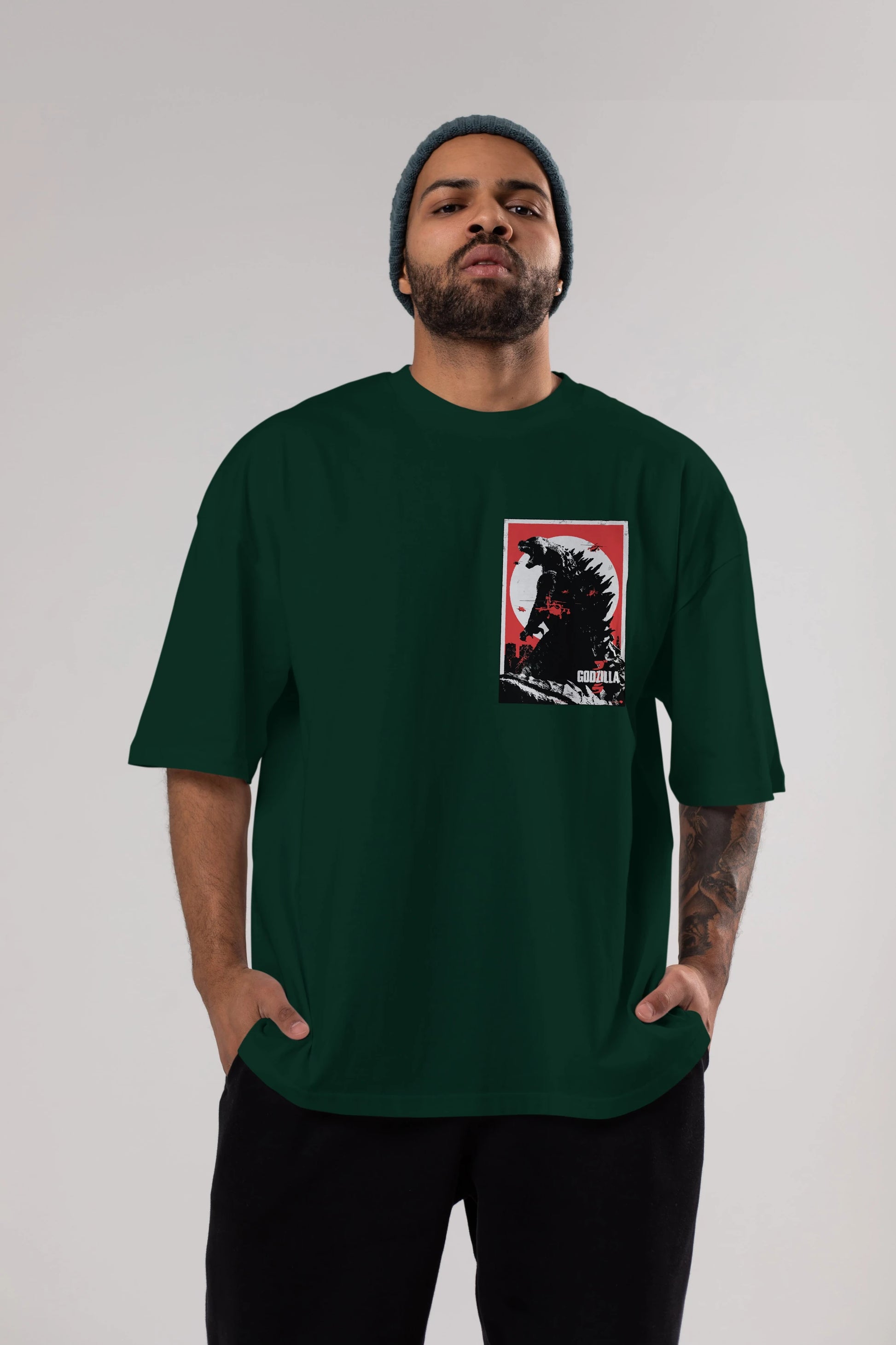 Godzilla (2) Ön Sol Baskılı Oversize t-shirt Erkek Kadın Unisex %100 Pamuk Bisiklet Yaka tişort