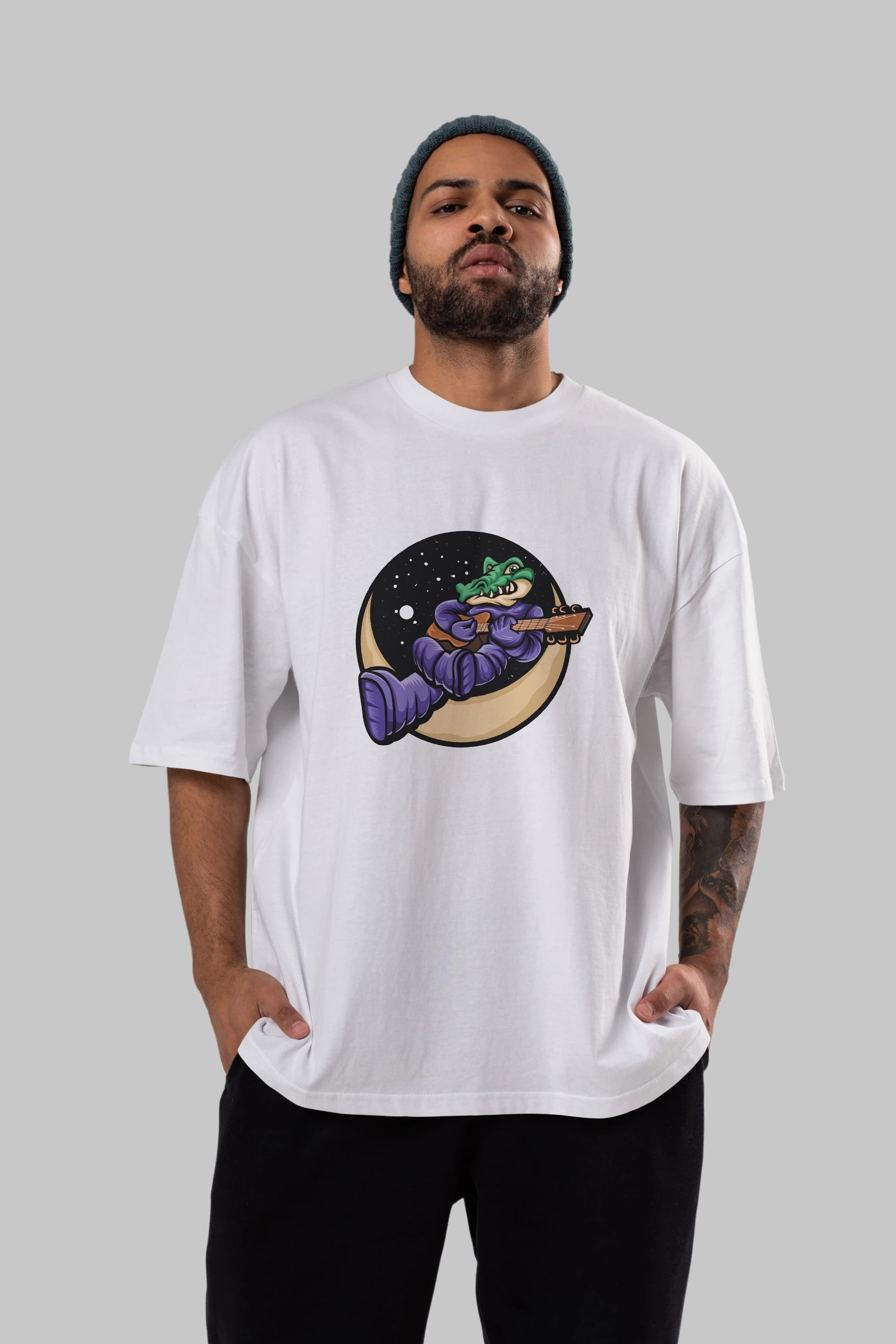 Space Crocodile Ön Baskılı Oversize t-shirt Erkek Kadın Unisex
