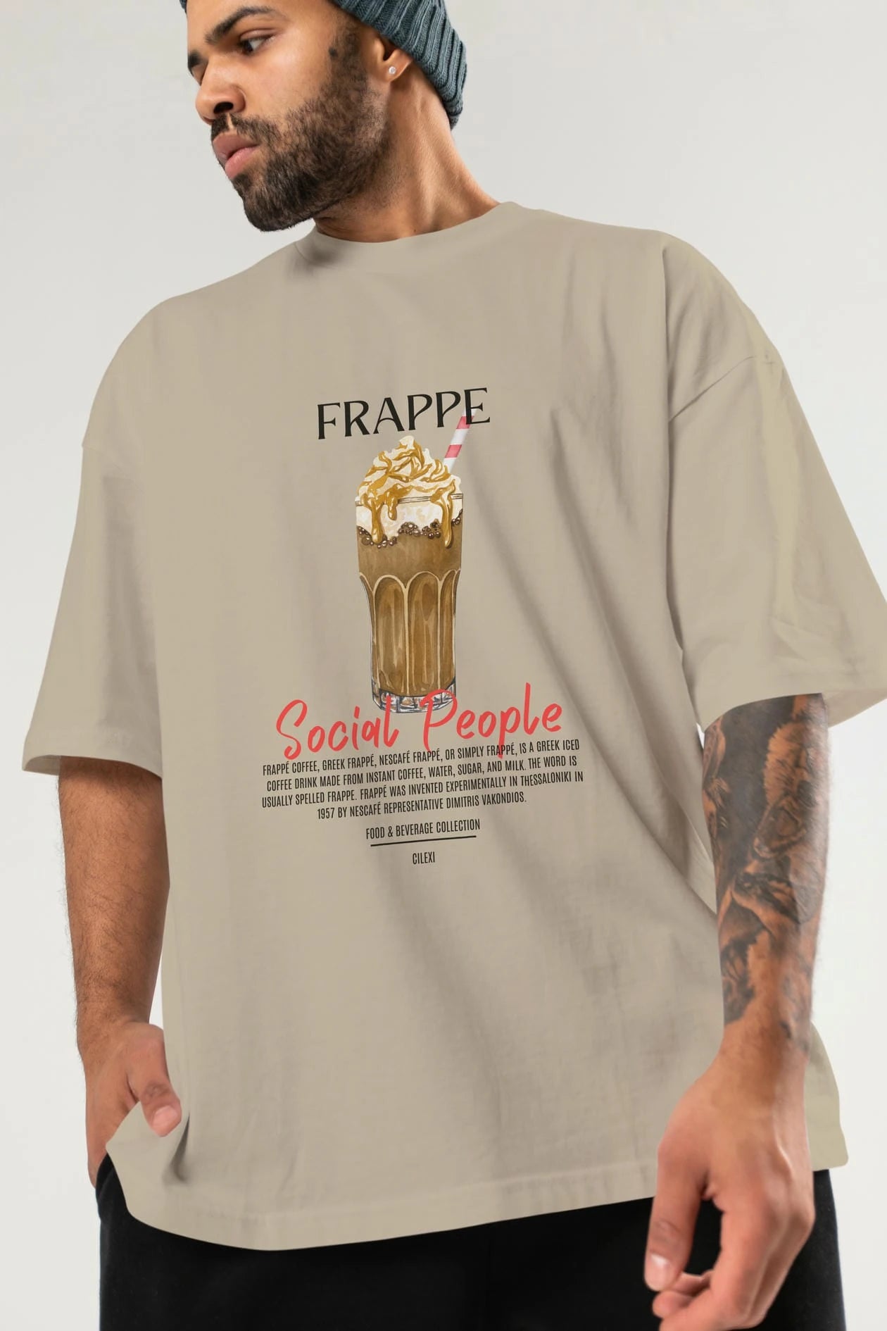 Frappe Kokteyl Serisi ön Baskılı Oversize t-shirt Erkek Kadın %100 Pamuk Bisiklet Yaka tişort