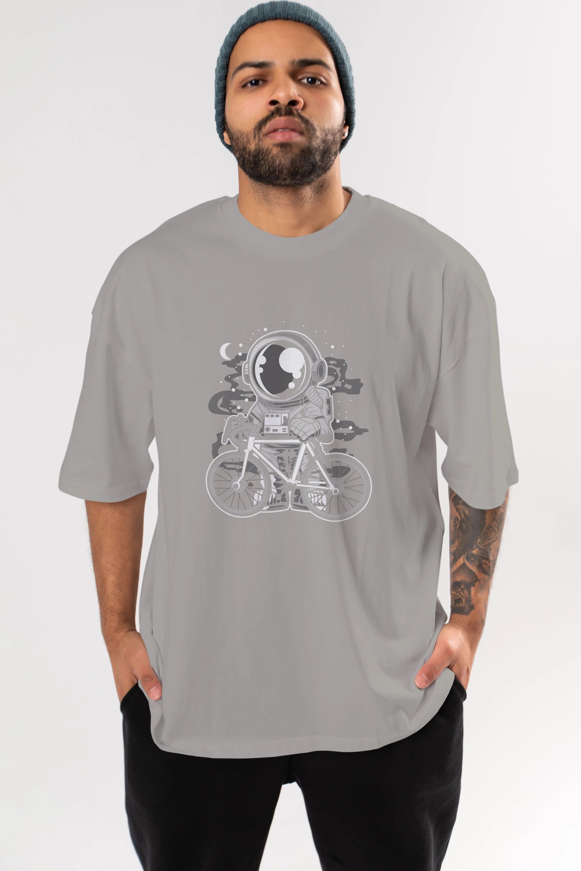 Bicycle Astronaut Ön Baskılı Oversize t-shirt Erkek Kadın Unisex