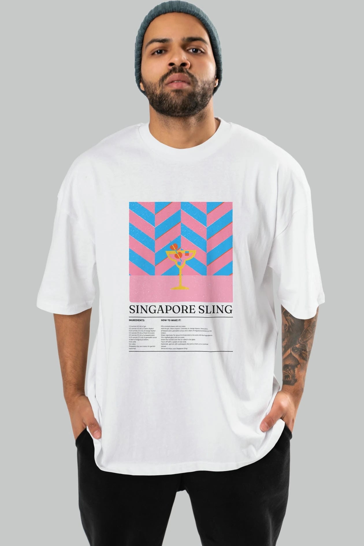 Sıngapore Sling Kokteyl Ön Baskılı Oversize t-shirt Erkek Kadın %100 Pamuk Bisiklet Yaka tişort