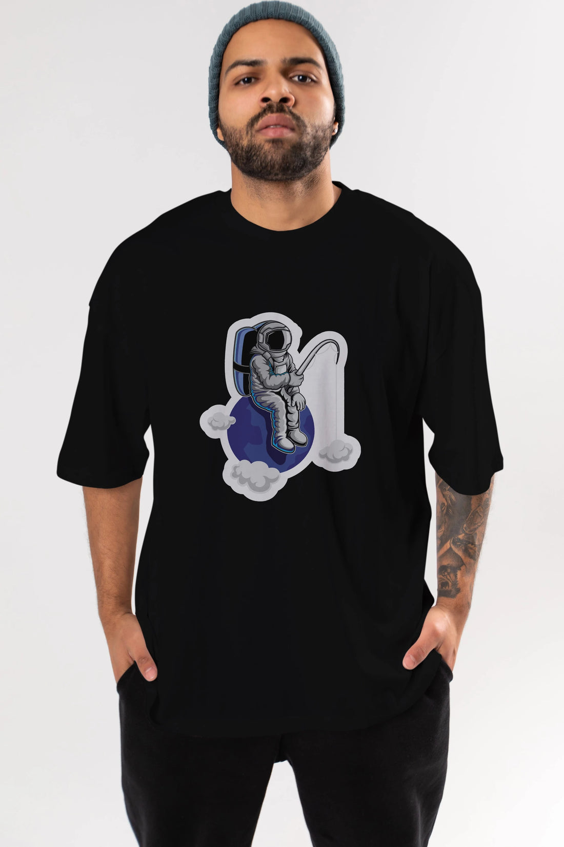 Astronaut Fishing Sticker Ön Baskılı Oversize t-shirt Erkek Kadın Unisex