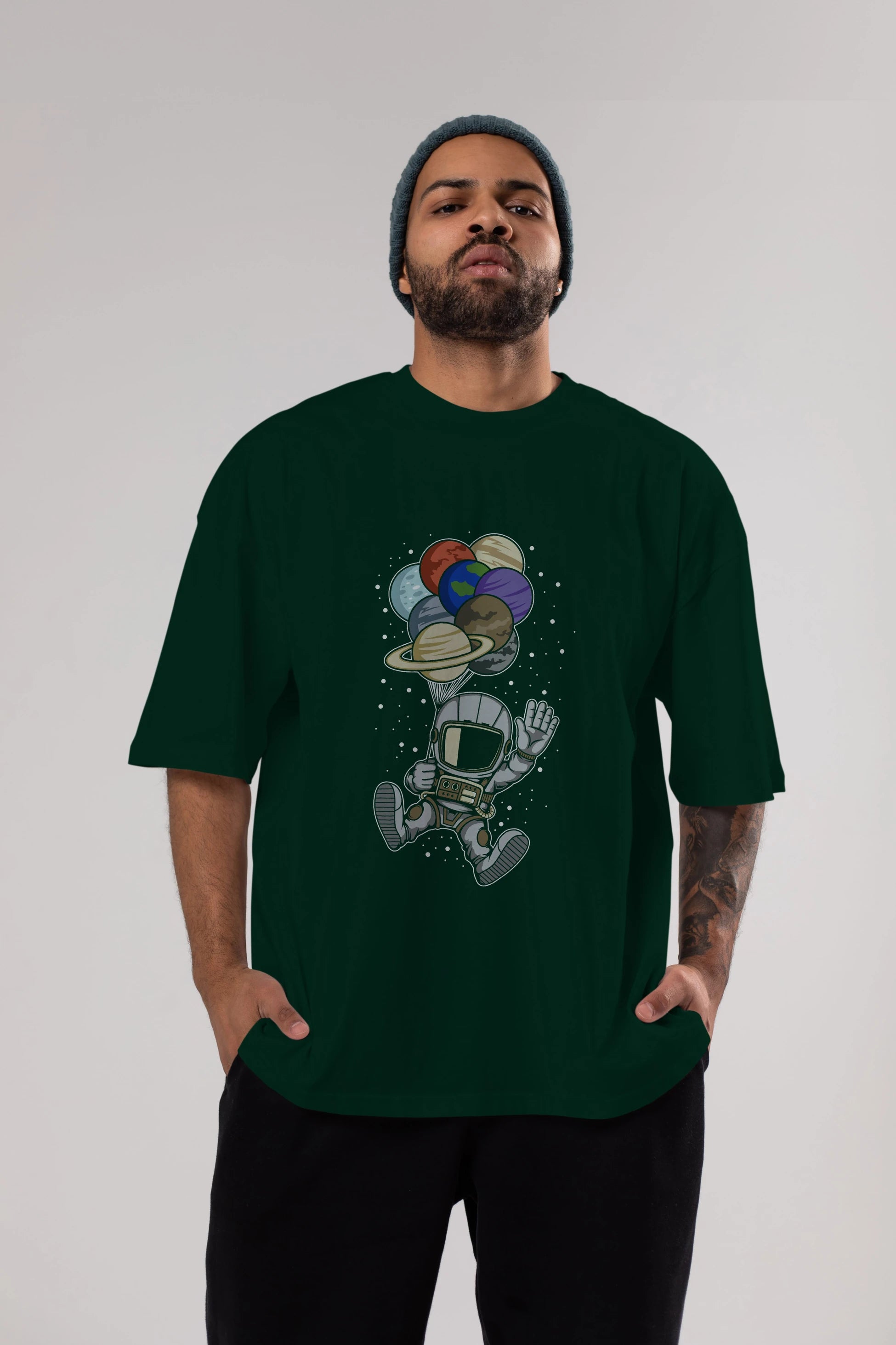 Astronaut Baloon Planets Ön Baskılı Oversize t-shirt Erkek Kadın Unisex
