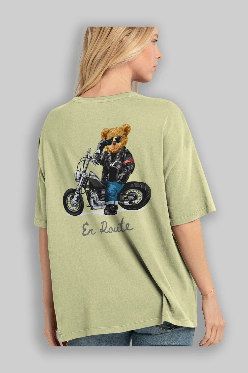 Teddy Bear En Route Arka Baskılı Oversize t-shirt Erkek Kadın Unisex %100 Pamuk