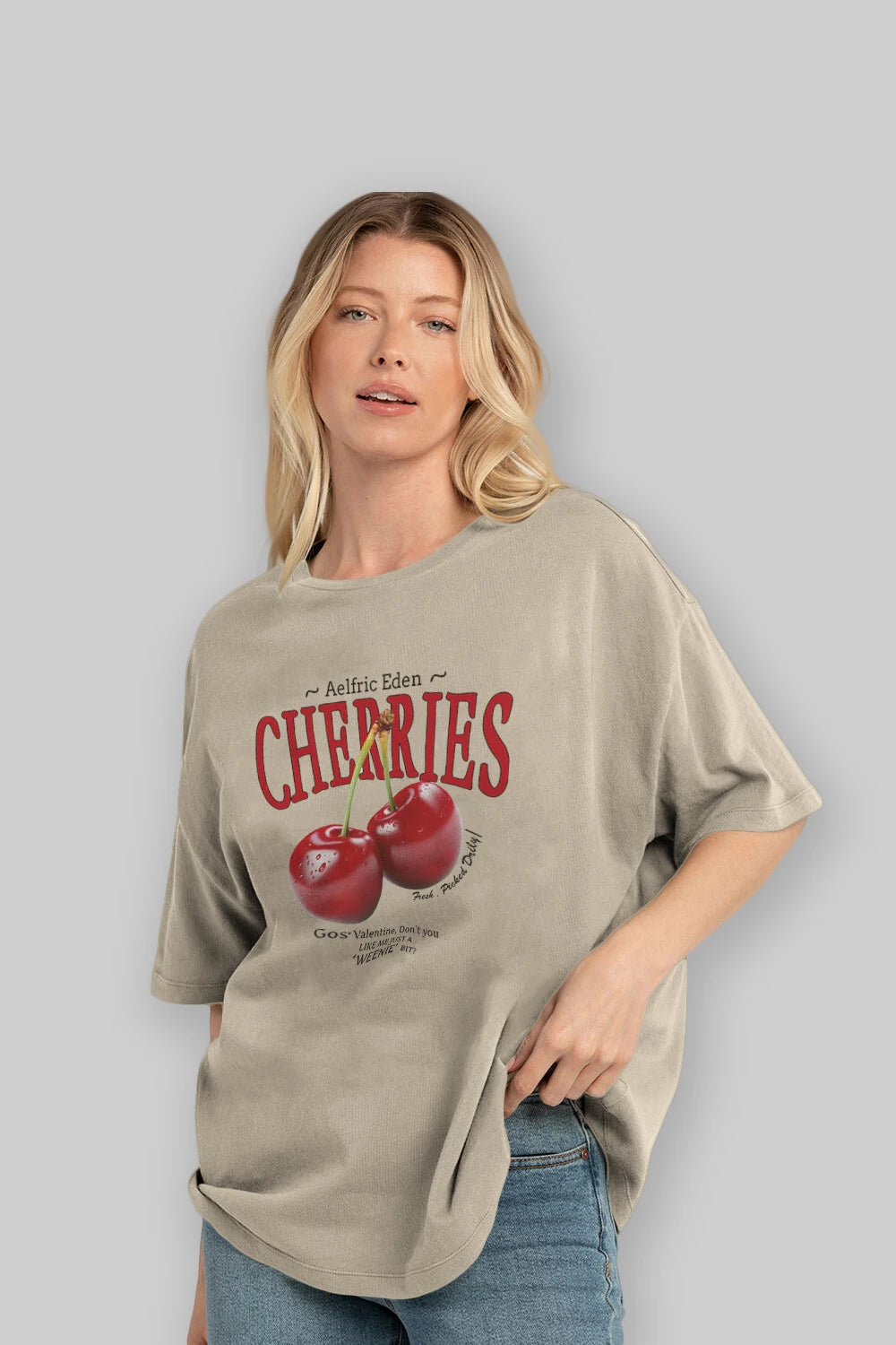 Cherry Cherries Ön Baskılı Oversize t-shirt Erkek Kadın Pamuk Bisiklet Yaka tişort