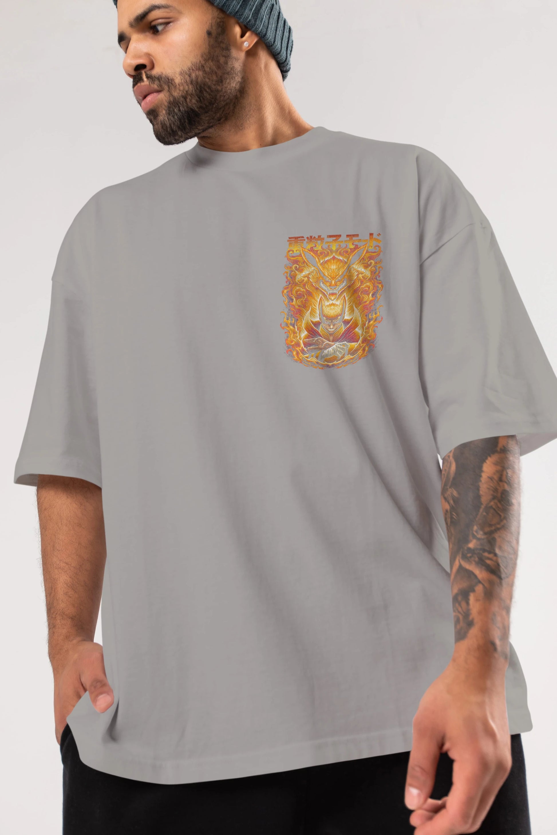 NARUTO KYUUBI 1 Ön Sol Baskılı Oversize t-shirt Erkek Kadın Unisex %100 Pamuk Bisiklet Yaka tişort