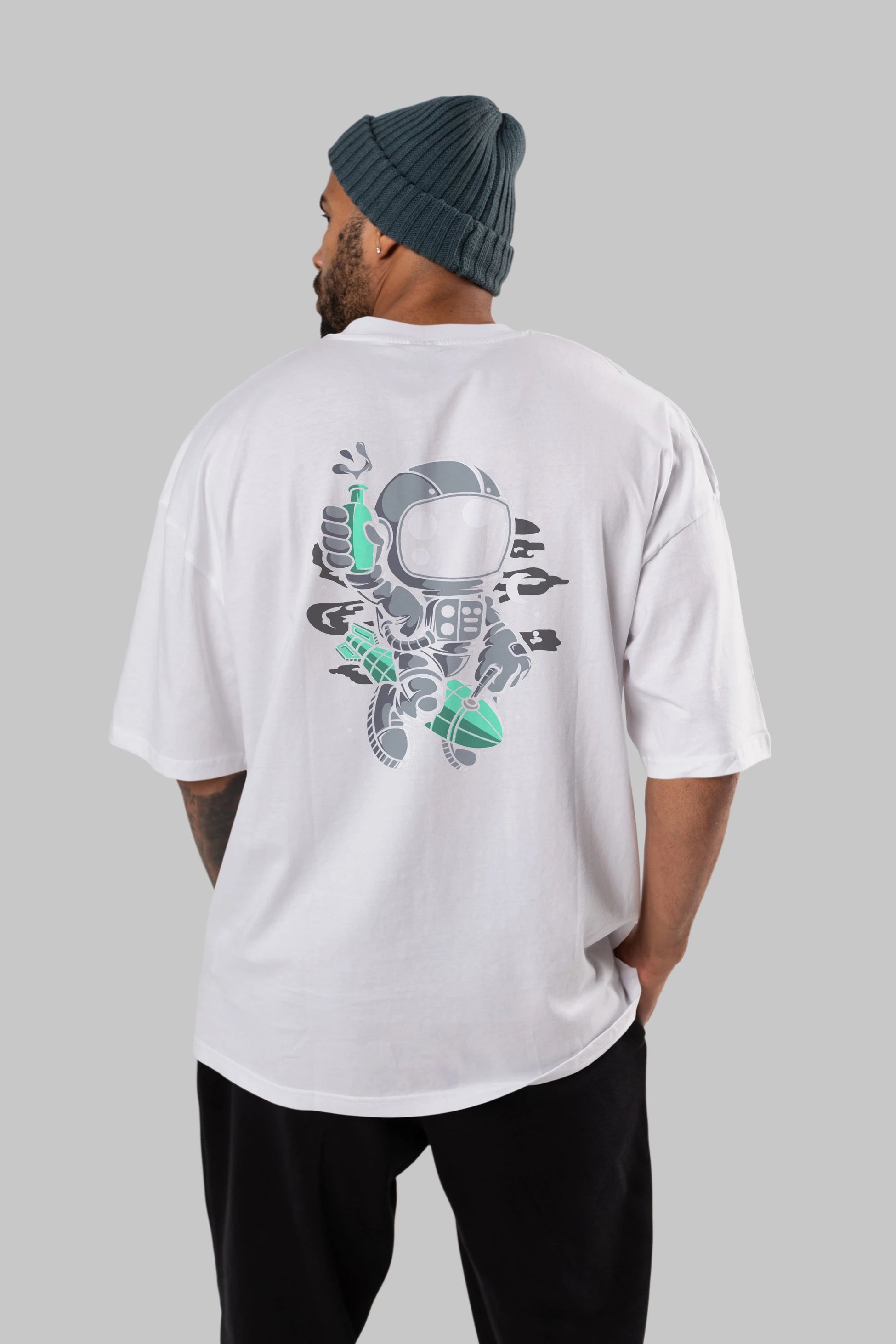 Astronaut Rocket Arka Baskılı Oversize t-shirt Erkek Kadın Unisex