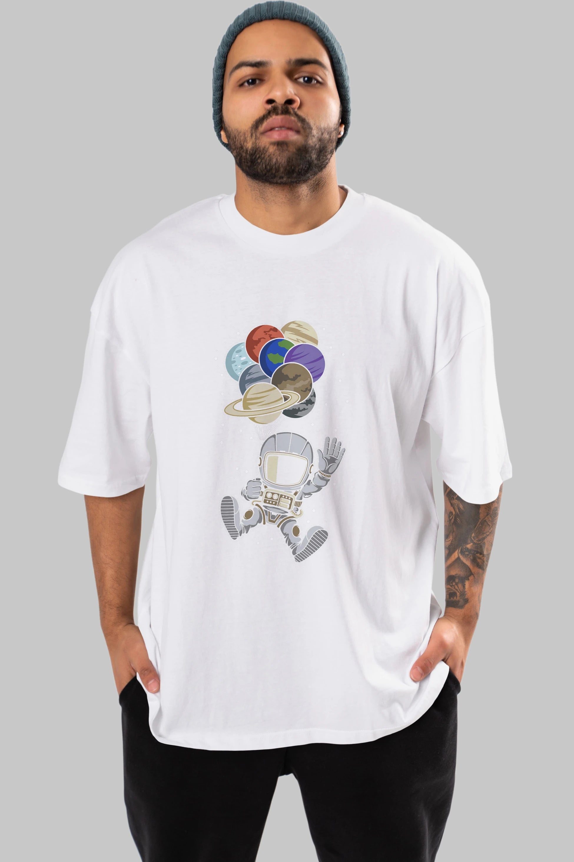 Astronaut Baloon Planets Ön Baskılı Oversize t-shirt Erkek Kadın Unisex