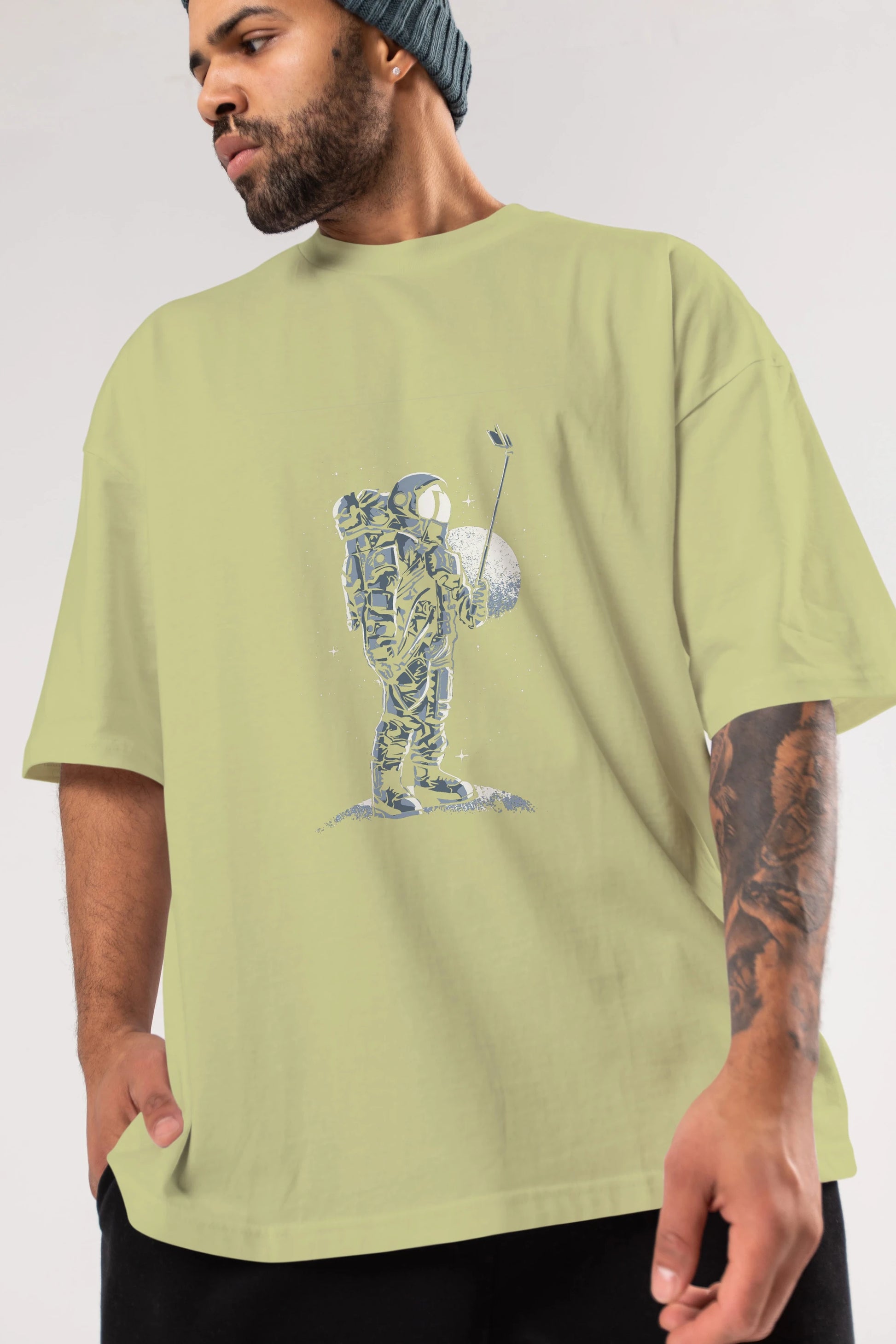 Selfie Astronaut Ön Baskılı Oversize t-shirt Erkek Kadın Unisex %100 Pamuk tişort