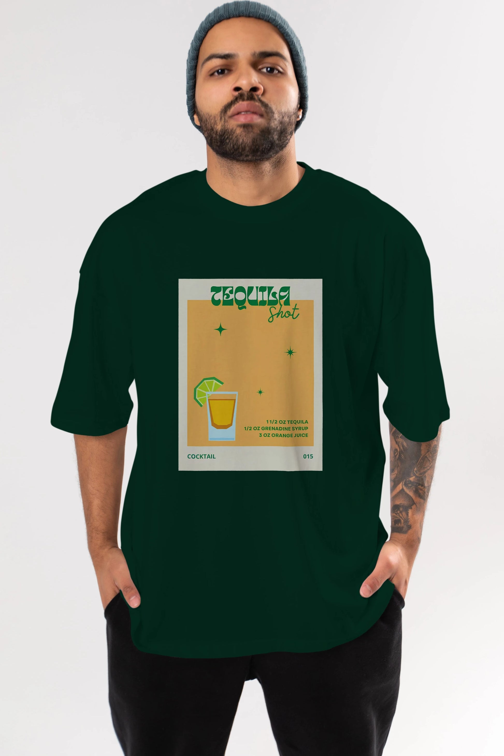 Tequila Shot 2 Ön Baskılı Oversize t-shirt Erkek Kadın Unisex %100 Pamuk Bisiklet Yaka tişort