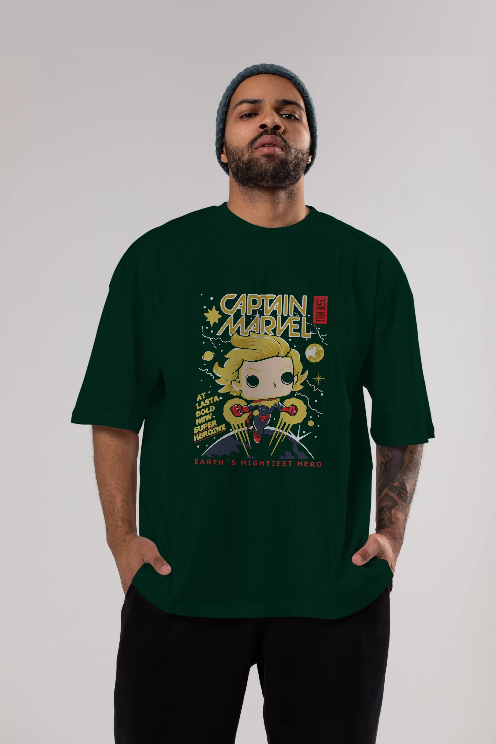 Captain Marvel Ön Baskılı Oversize t-shirt Erkek Kadın Unisex %100 Pamuk Bisiklet Yaka tişort