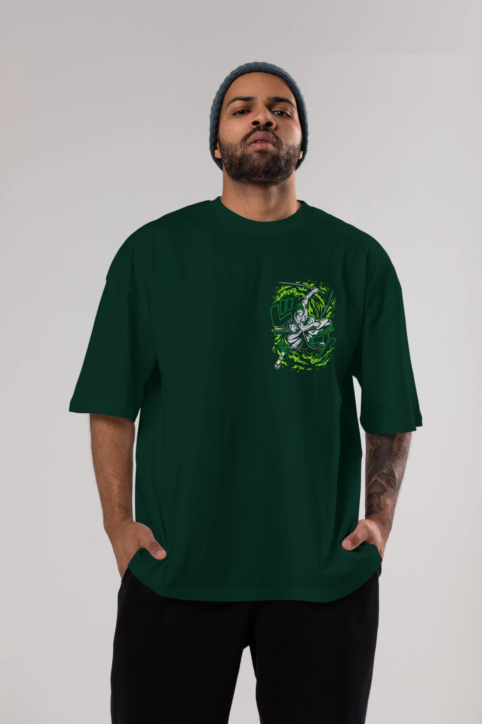 ZORO-ONE PIECE (2) Ön Sol Baskılı Oversize t-shirt Erkek Kadın Unisex %100 Pamuk Bisiklet Yaka tişort