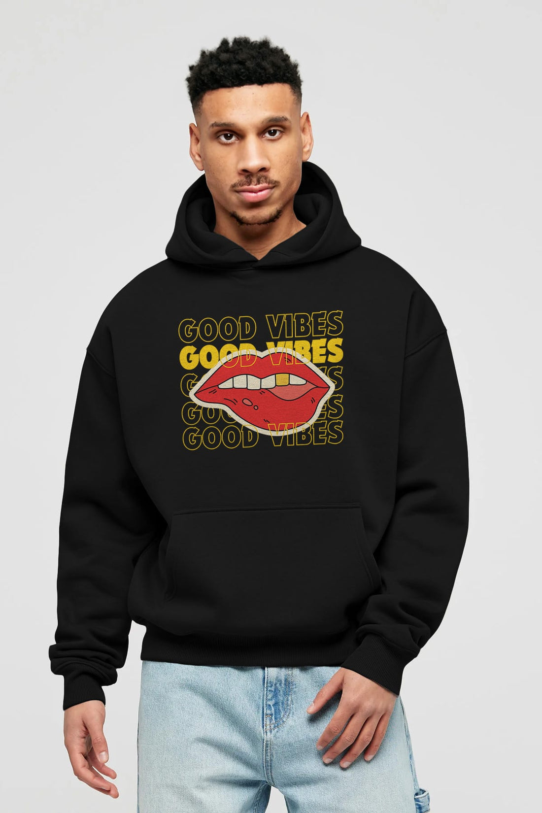 Good Vibes Yazılı 2 Ön Baskılı Oversize Hoodie Kapüşonlu Sweatshirt Erkek Kadın Unisex