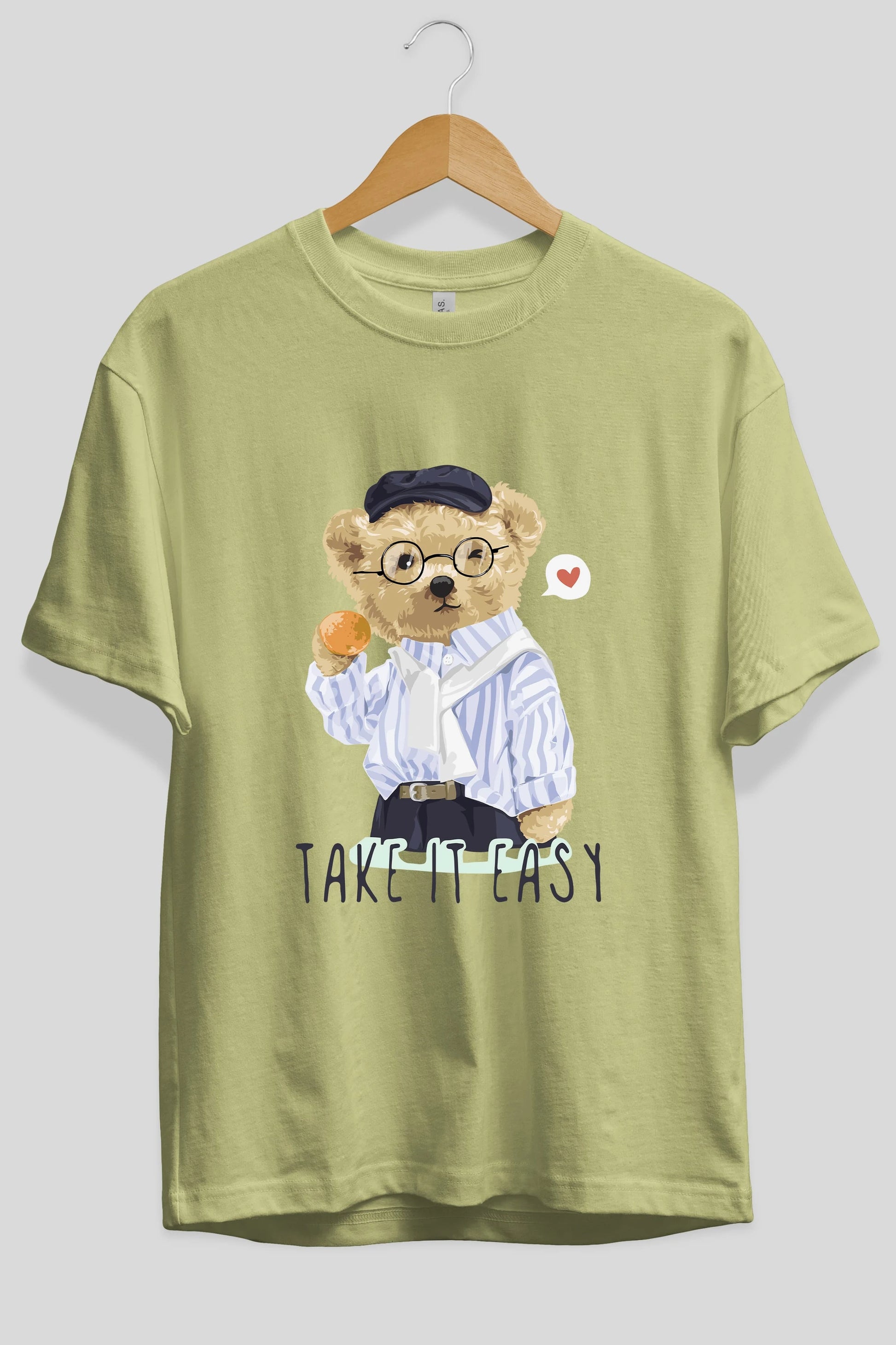 Teddy Bear Take it Easy Ön Baskılı Oversize t-shirt Erkek Kadın Unisex %100 Pamuk