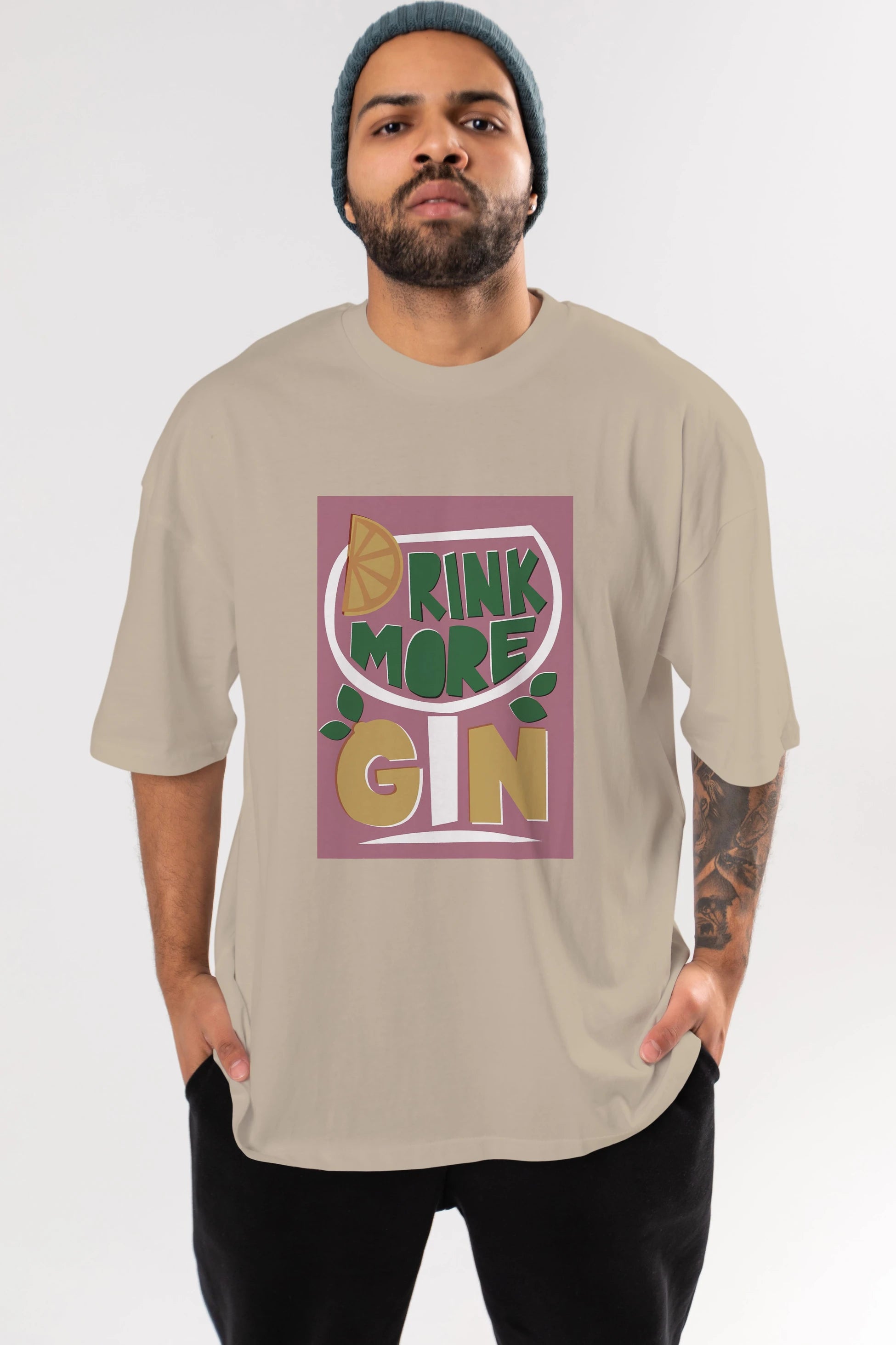 Drink More Gin Ön Baskılı Oversize t-shirt Erkek Kadın Unisex %100 Pamuk Bisiklet Yaka tişort