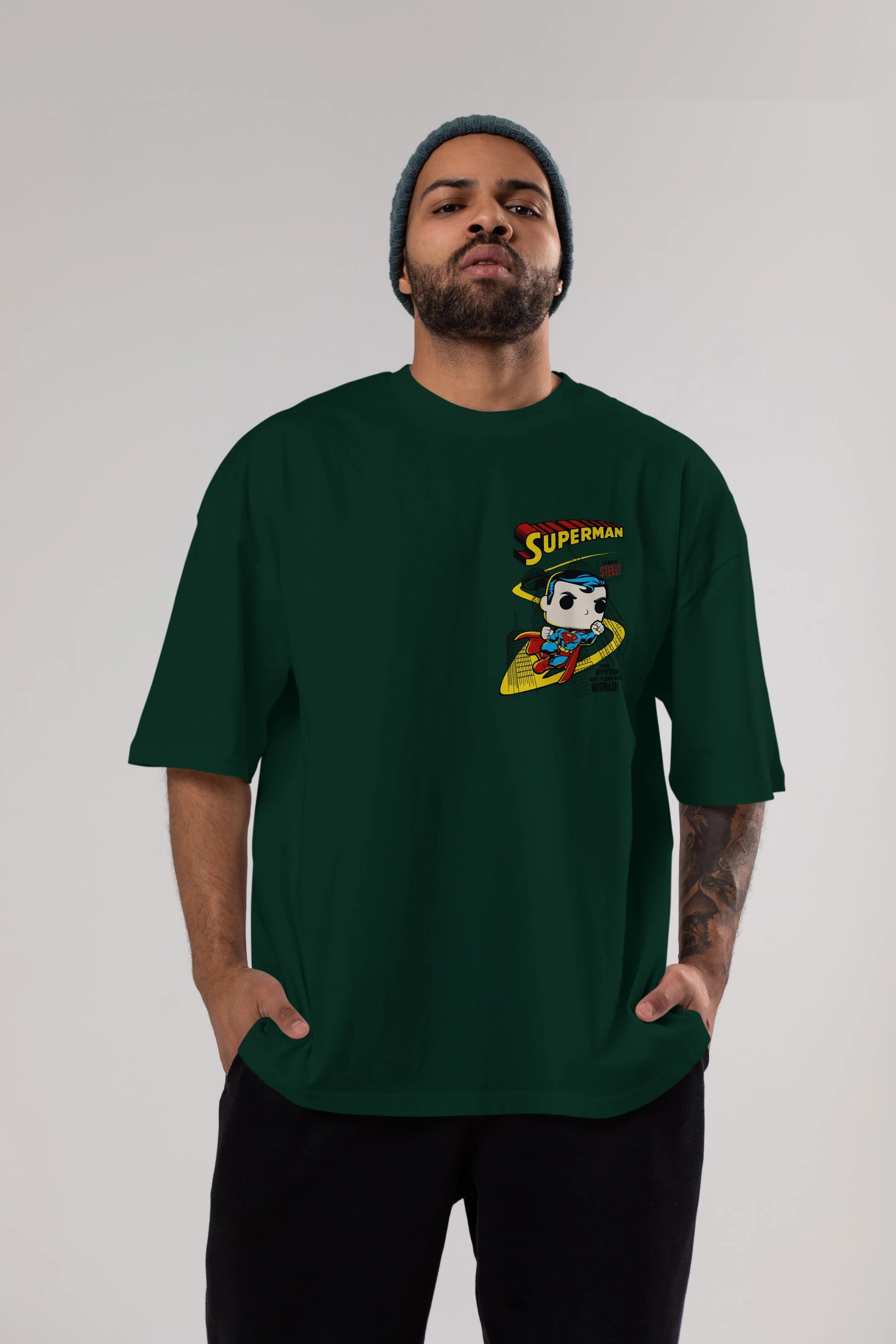 Superman (2) Ön Sol Baskılı Oversize t-shirt Erkek Kadın Unisex %100 Pamuk Bisiklet Yaka tişort