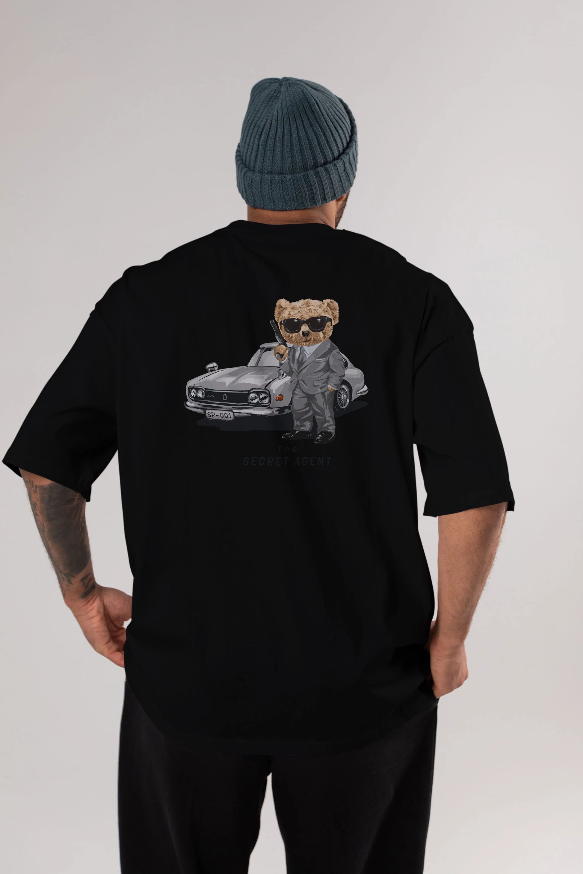 Teddy Bear The Secret Agent Arka Baskılı Oversize t-shirt Erkek Kadın Unisex %100 Pamuk