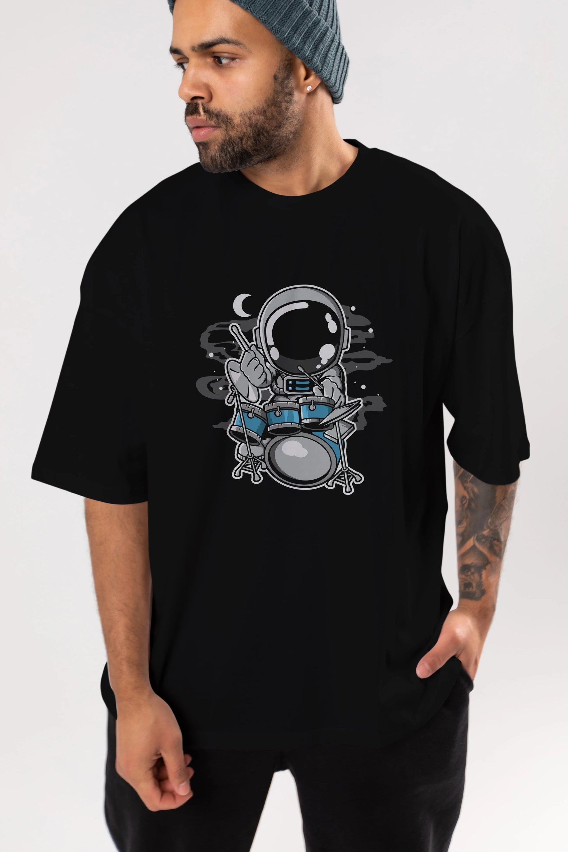 Astronaut Drummer Ön Baskılı Oversize t-shirt Erkek Kadın Unisex