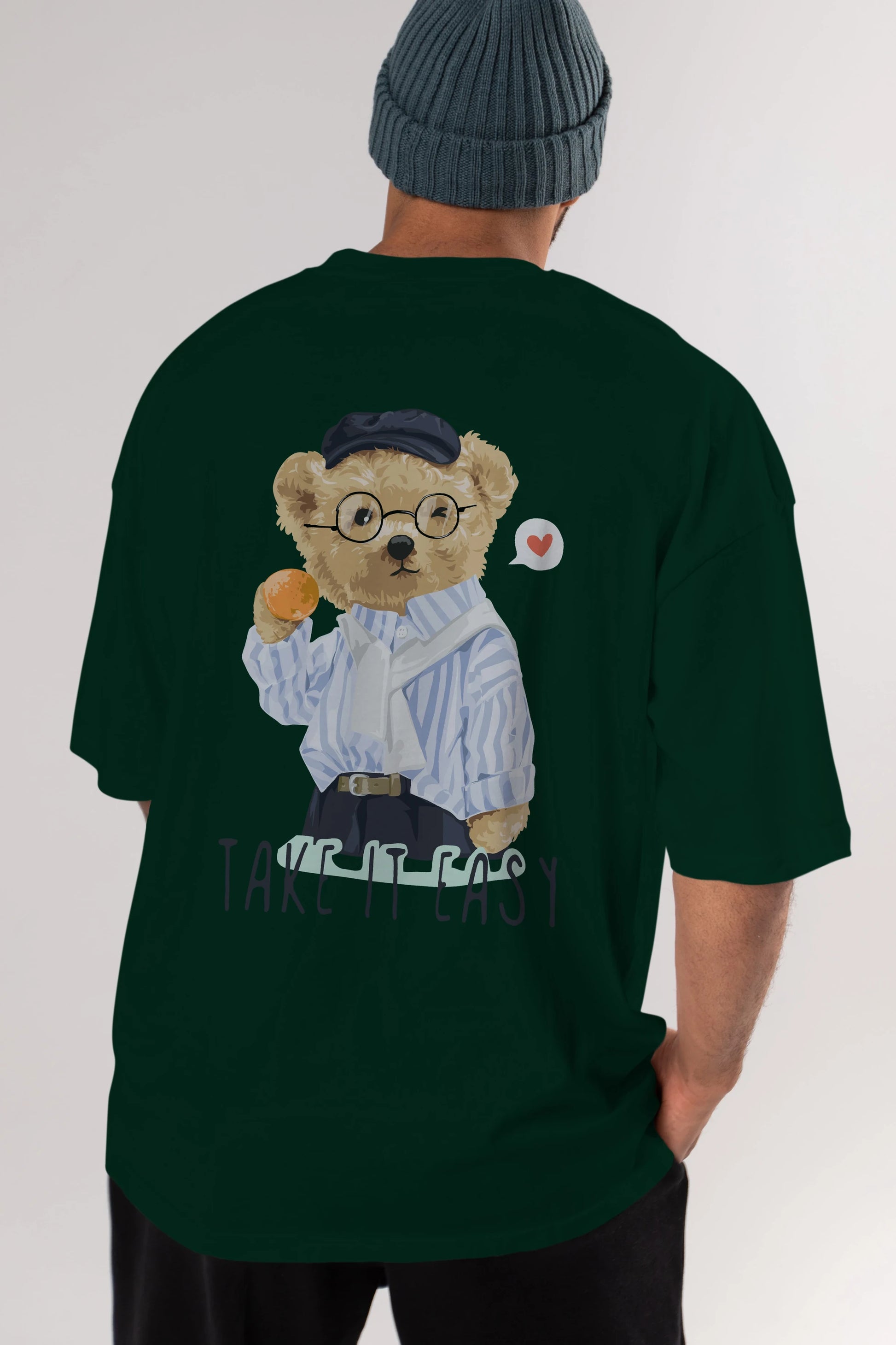 Teddy Bear Take it Easy Arka Baskılı Oversize t-shirt Erkek Kadın Unisex %100 Pamuk
