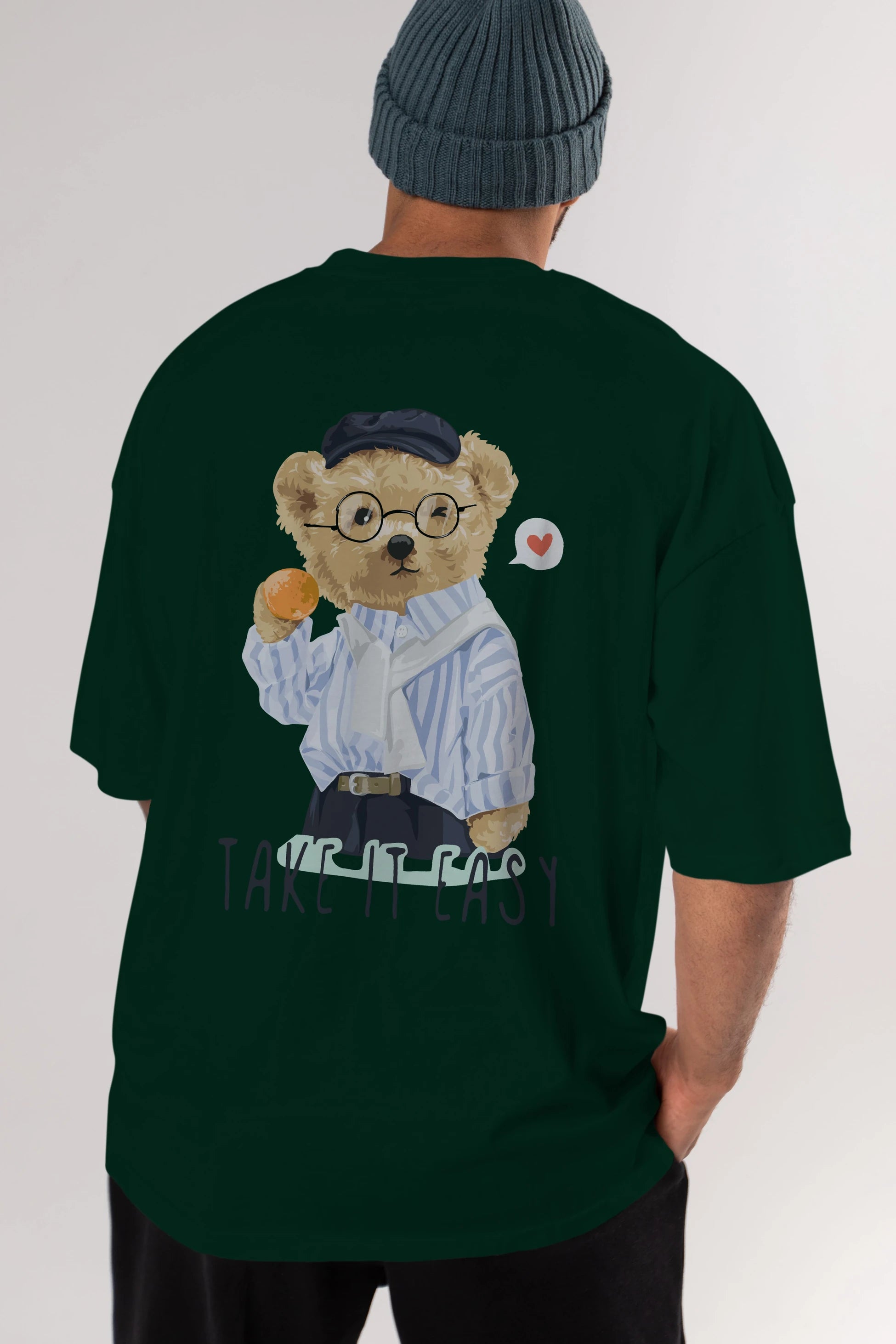 Teddy Bear Take it Easy Arka Baskılı Oversize t-shirt Erkek Kadın Unisex %100 Pamuk