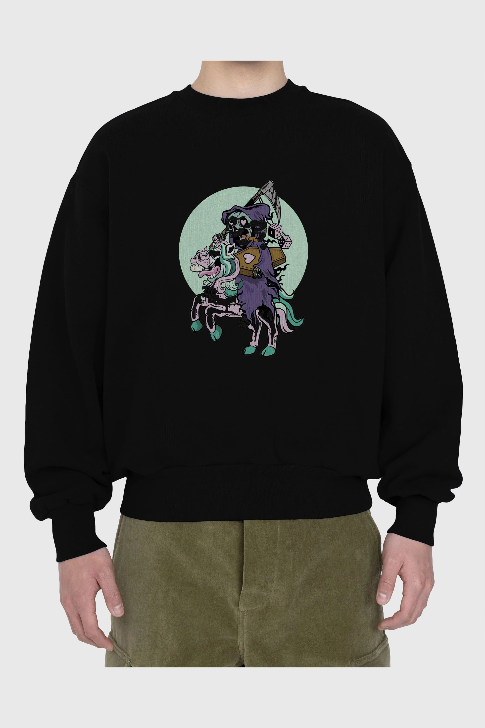 Grim Reaper Riding Unicorn Ön Baskılı Oversize Sweatshirt Erkek Kadın Unisex