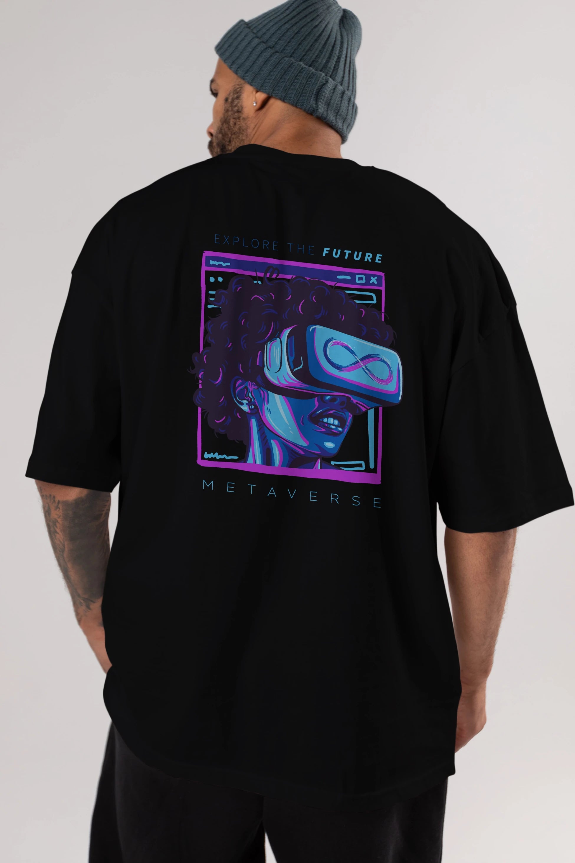 Metaverse Arka Baskılı Oversize t-shirt Erkek Kadın Unisex