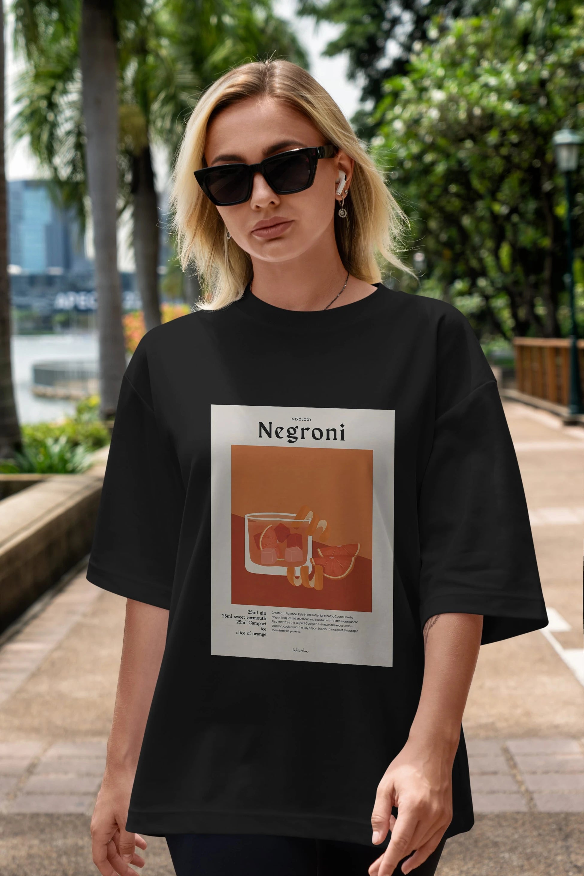 Mixology Negroni Ön Baskılı Oversize t-shirt Erkek Kadın Unisex %100 Pamuk Bisiklet Yaka tişort