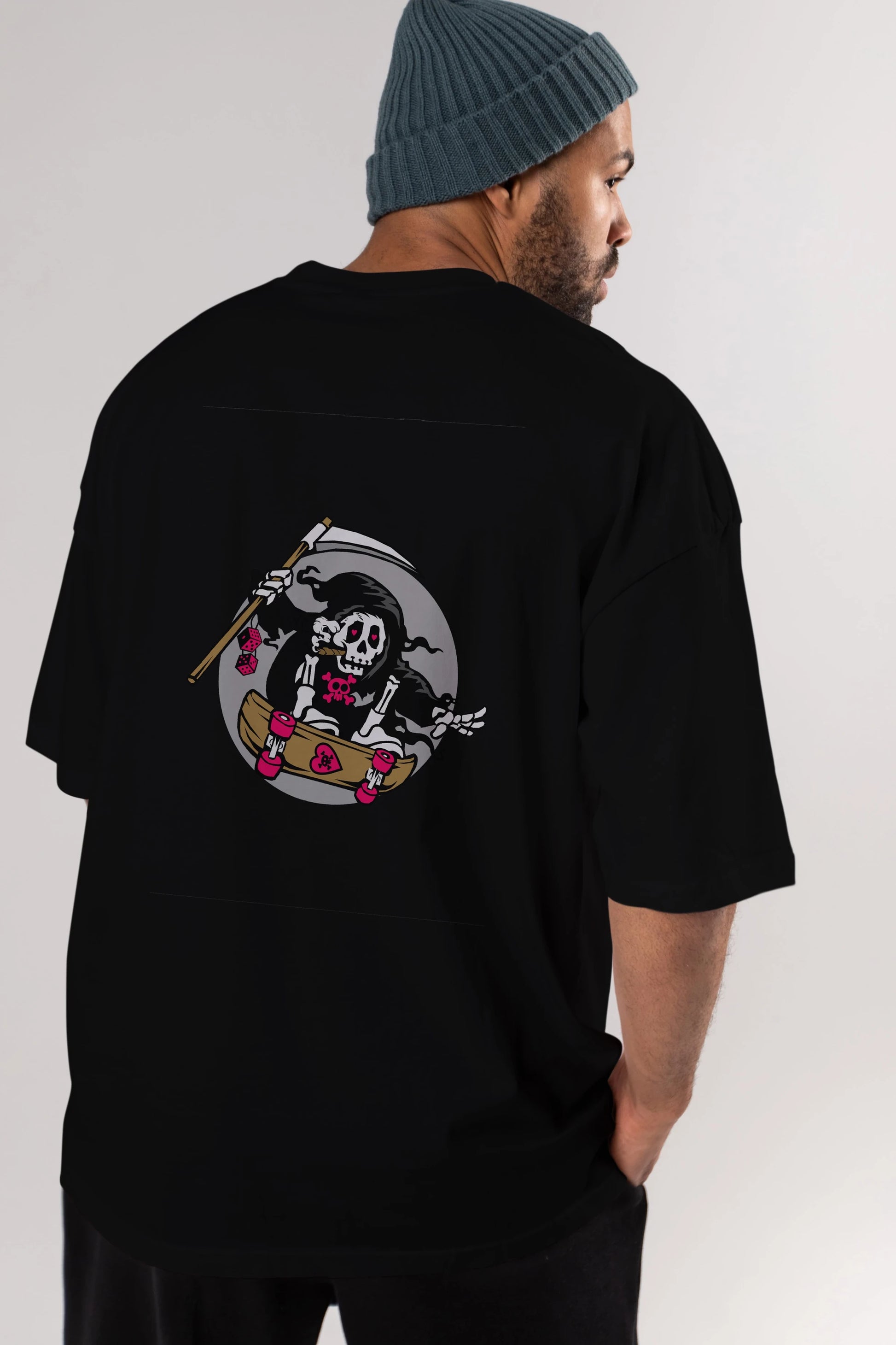 Grim Skater Arka Baskılı Oversize t-shirt Erkek Kadın Unisex %100 Pamuk tişort