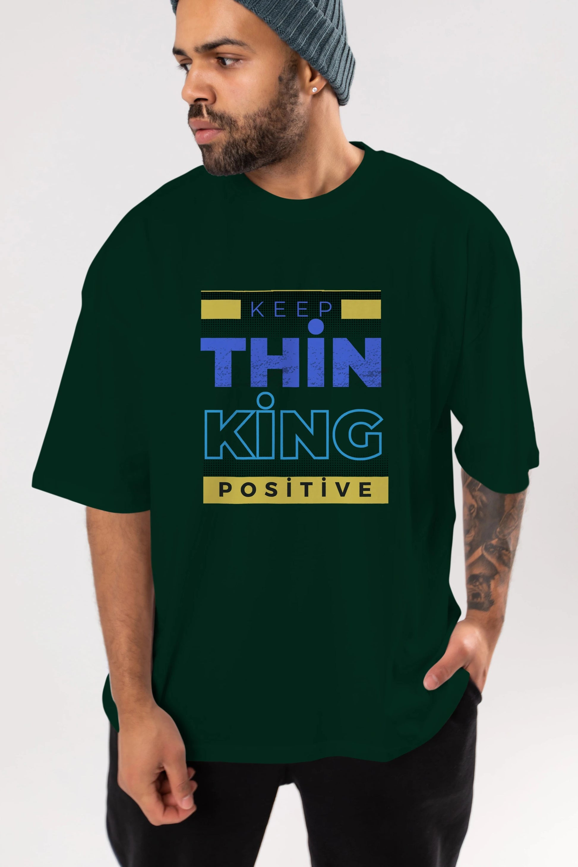 Keep Thinking Positive Yazılı Ön Baskılı Oversize t-shirt Erkek Kadın Unisex