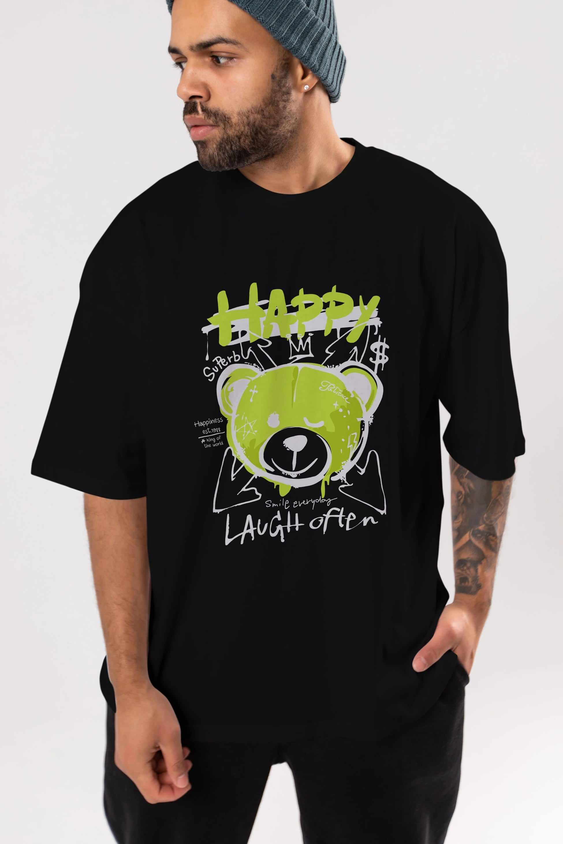 Happy Bear Ön Baskılı Oversize t-shirt Erkek Kadın Unisex