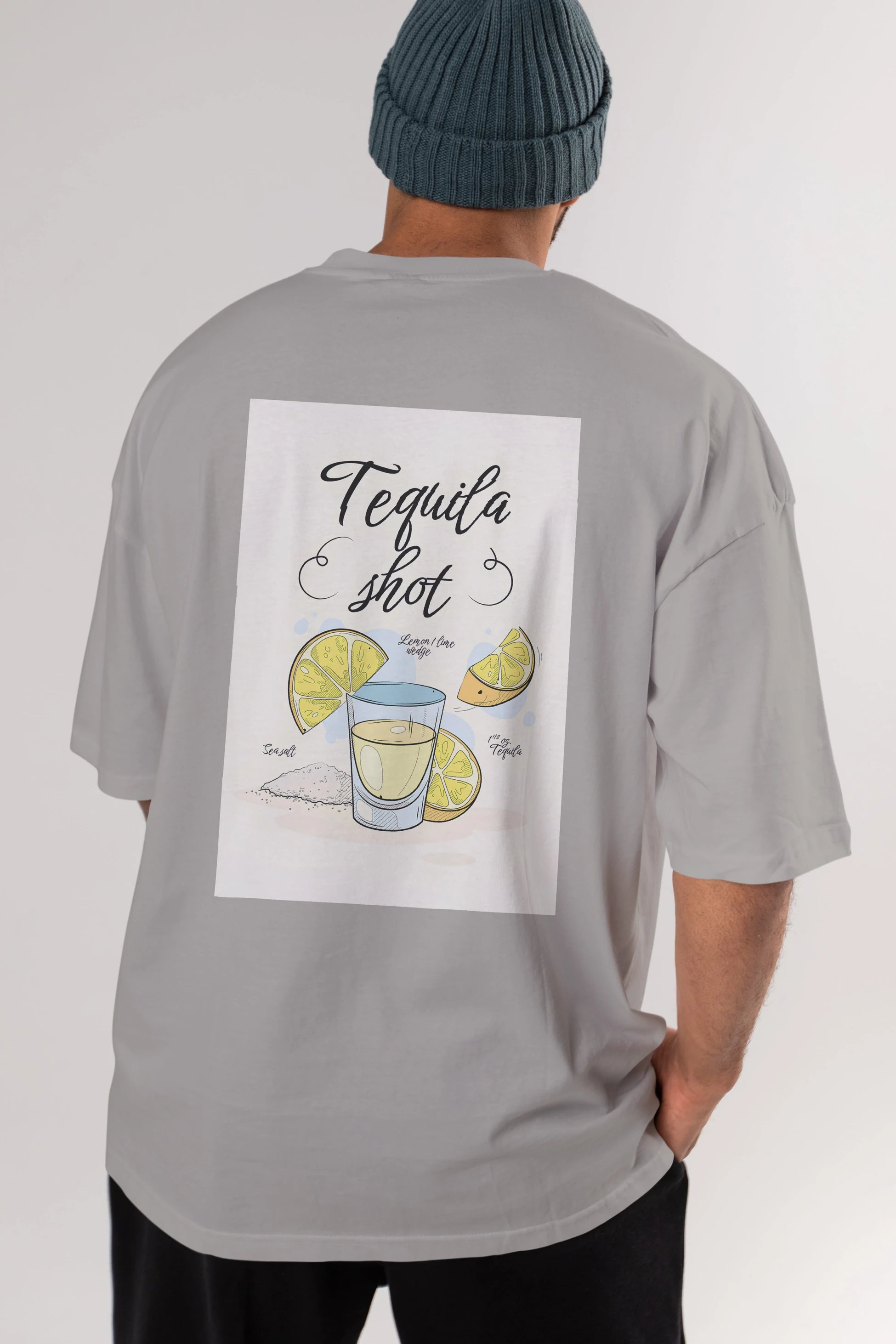 Tequila Shot Arka Baskılı Oversize t-shirt Erkek Kadın Unisex %100 Pamuk Bisiklet Yaka tişort