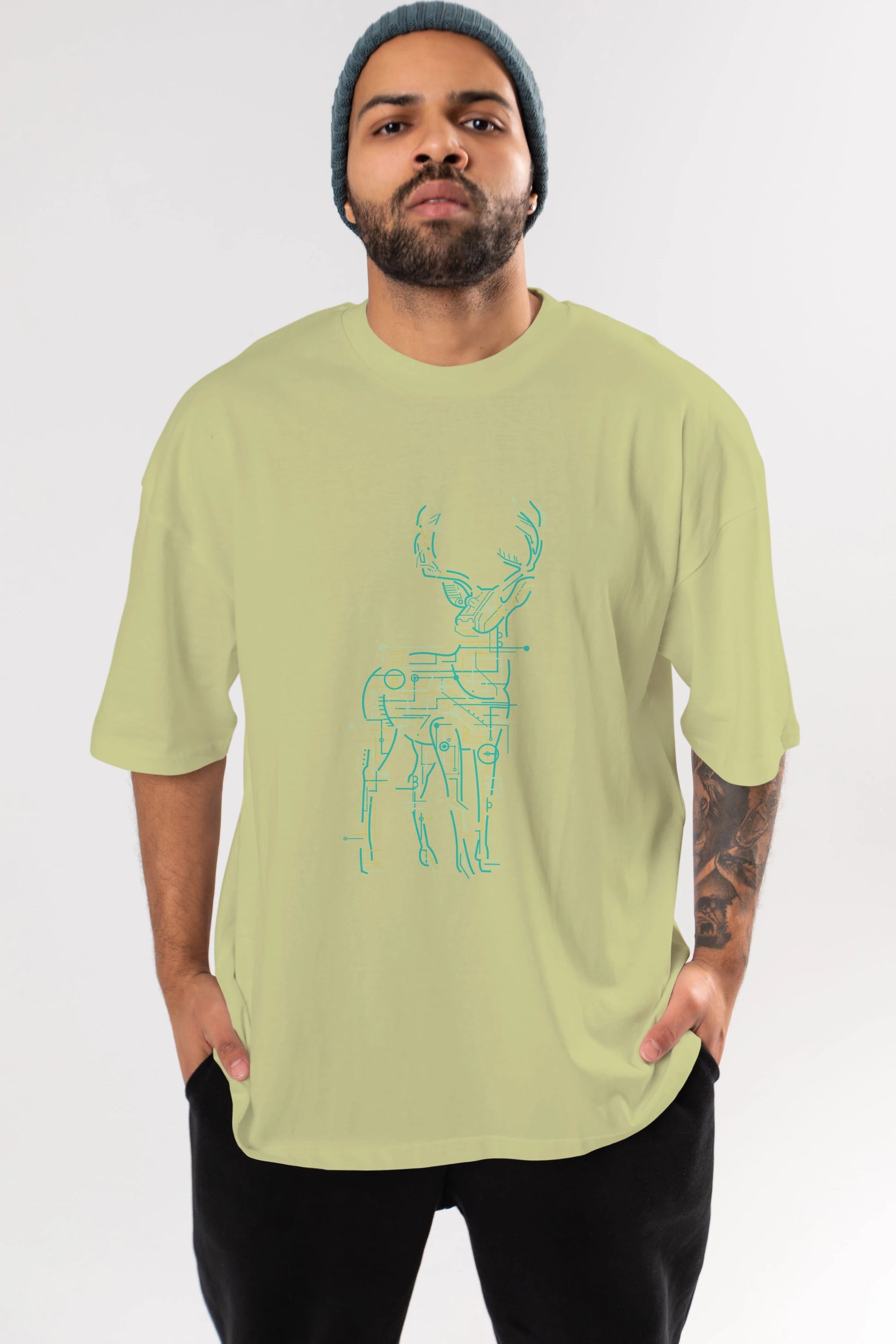 Electric Deer Ön Baskılı Oversize t-shirt %100 pamuk Erkek Kadın Unisex