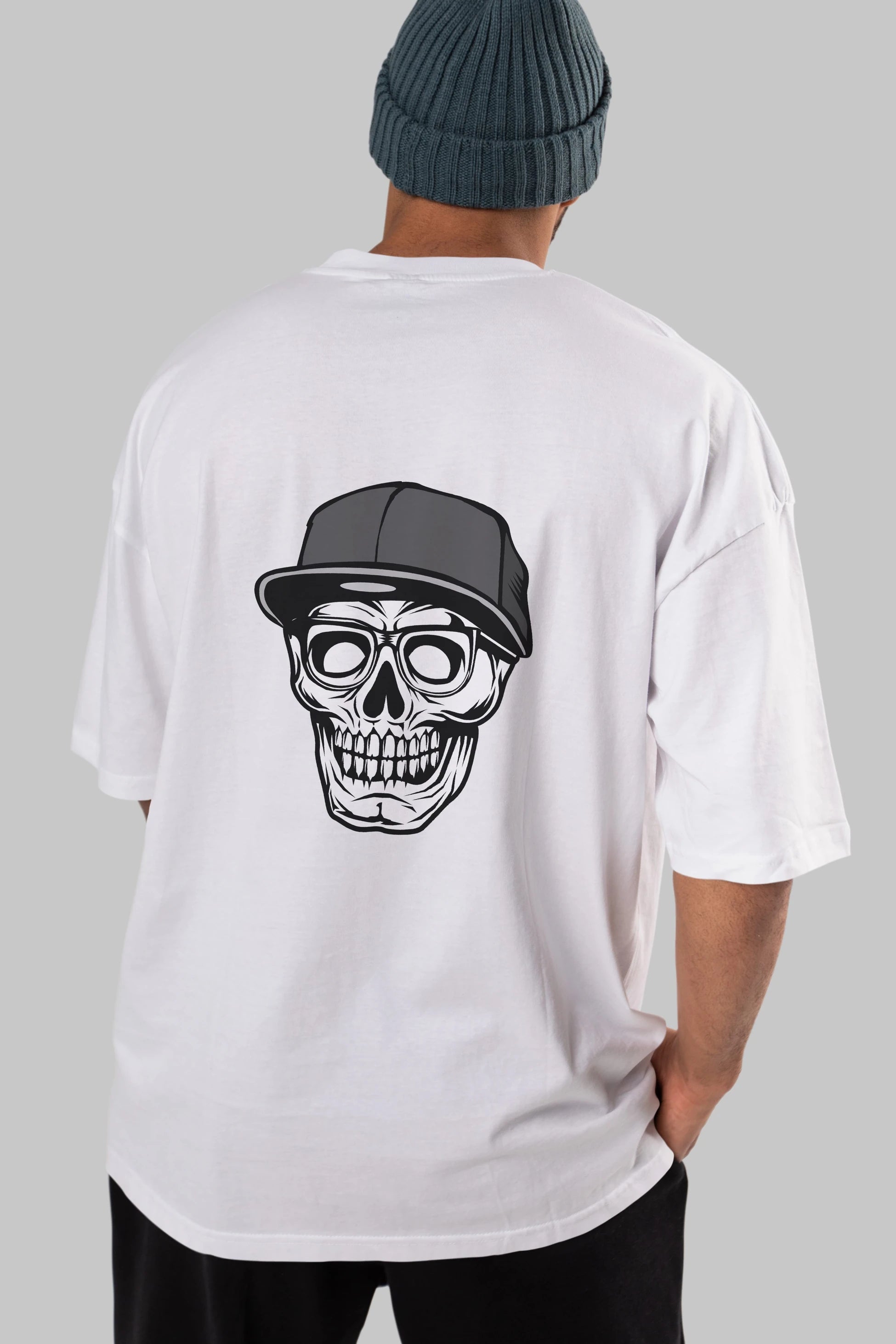 Skull With Hat Arka Baskılı Oversize t-shirt Erkek Kadın Unisex %100 Pamuk tişort